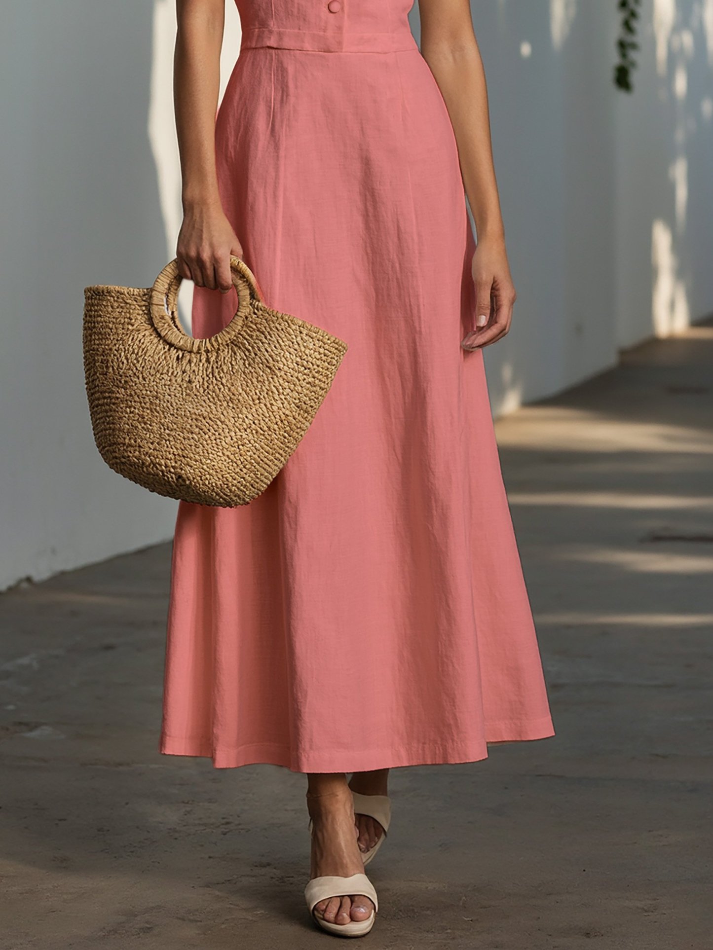 Maxi Linen Dress , Cap Sleeves, Shawl Collar, Plain, Button Design, Vintage, Pink