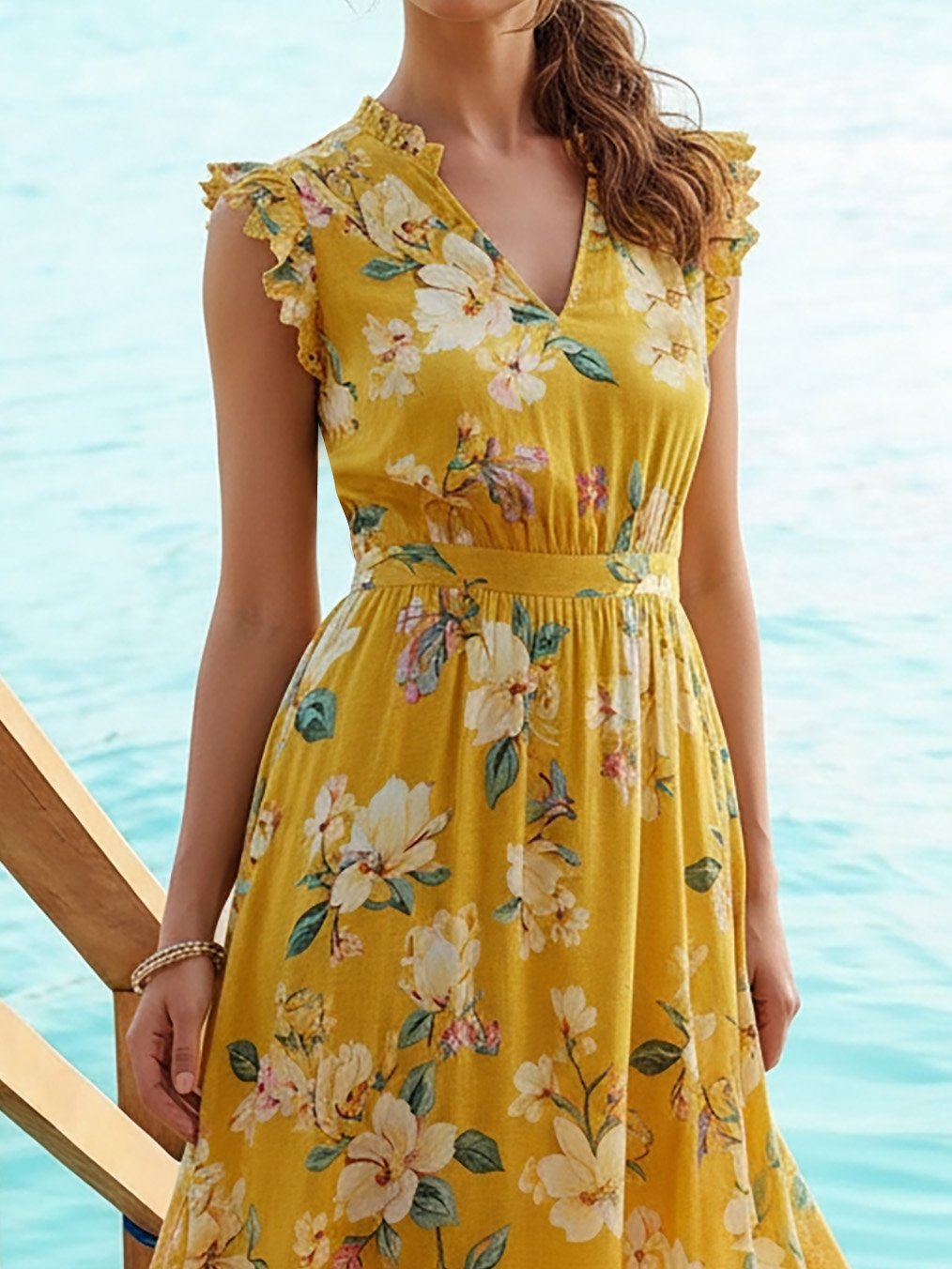Maxi Linen Dress, Sleeveless, V Neck, Floral, Vacation, Vintage, Yellow