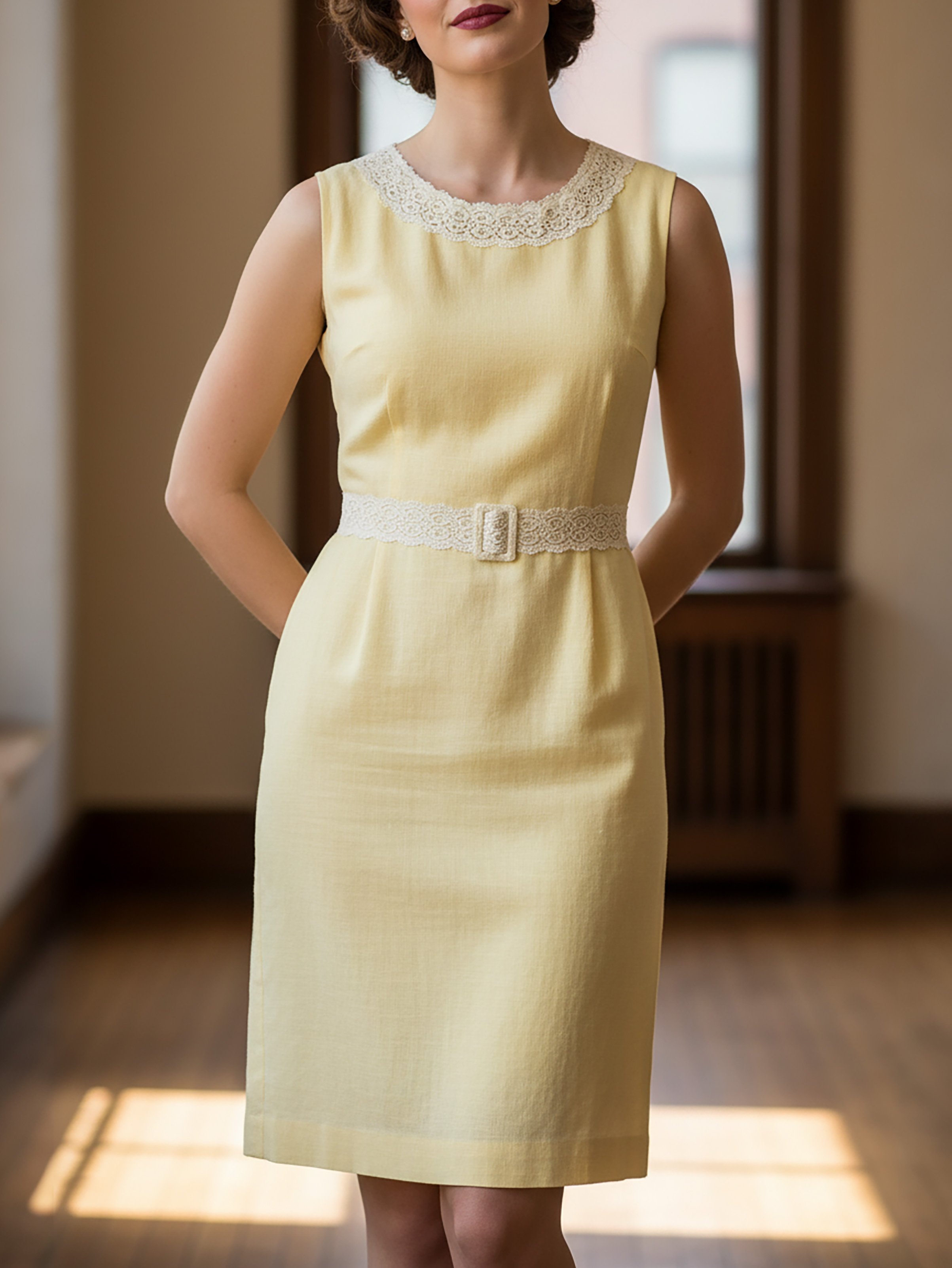 Mini Linen Dress, Sleeveless, Round Neck, Plain, Belt Design, Vintage, Yellow