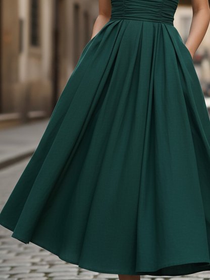 Midi Linen Dress, Sleeveless, Round Neck, Plain, French Vintage, Green