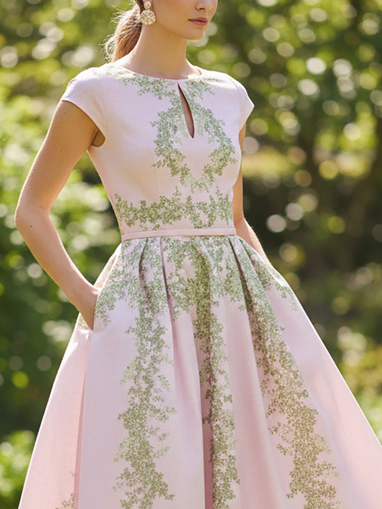 Midi Linen Dress, Cap Sleeves, Round Neck, Floral, Pocket Design, Vintage, Pink