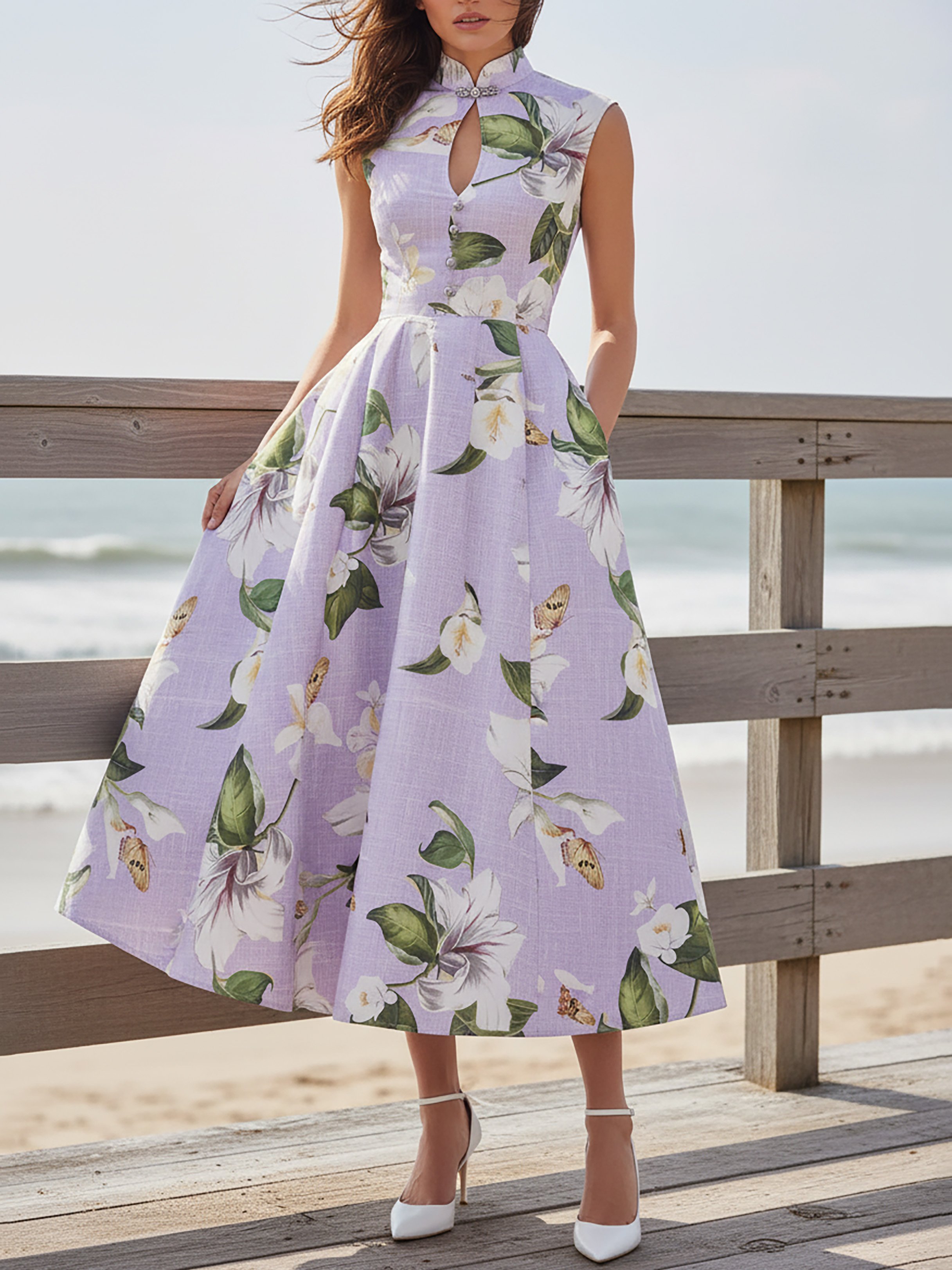 Midi Linen Dress, Sleeveless, Stand Collar, Floral, Button Design, Vintage, Purple