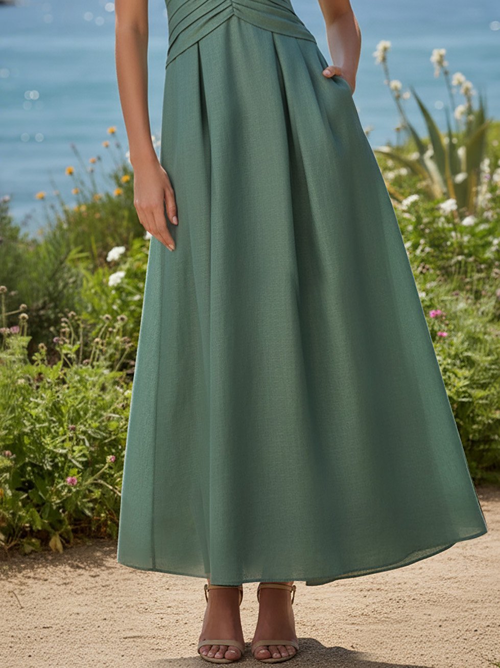 Maxi Linen Dress, Sleeveless, V Neck, Plain, Vintage, Green