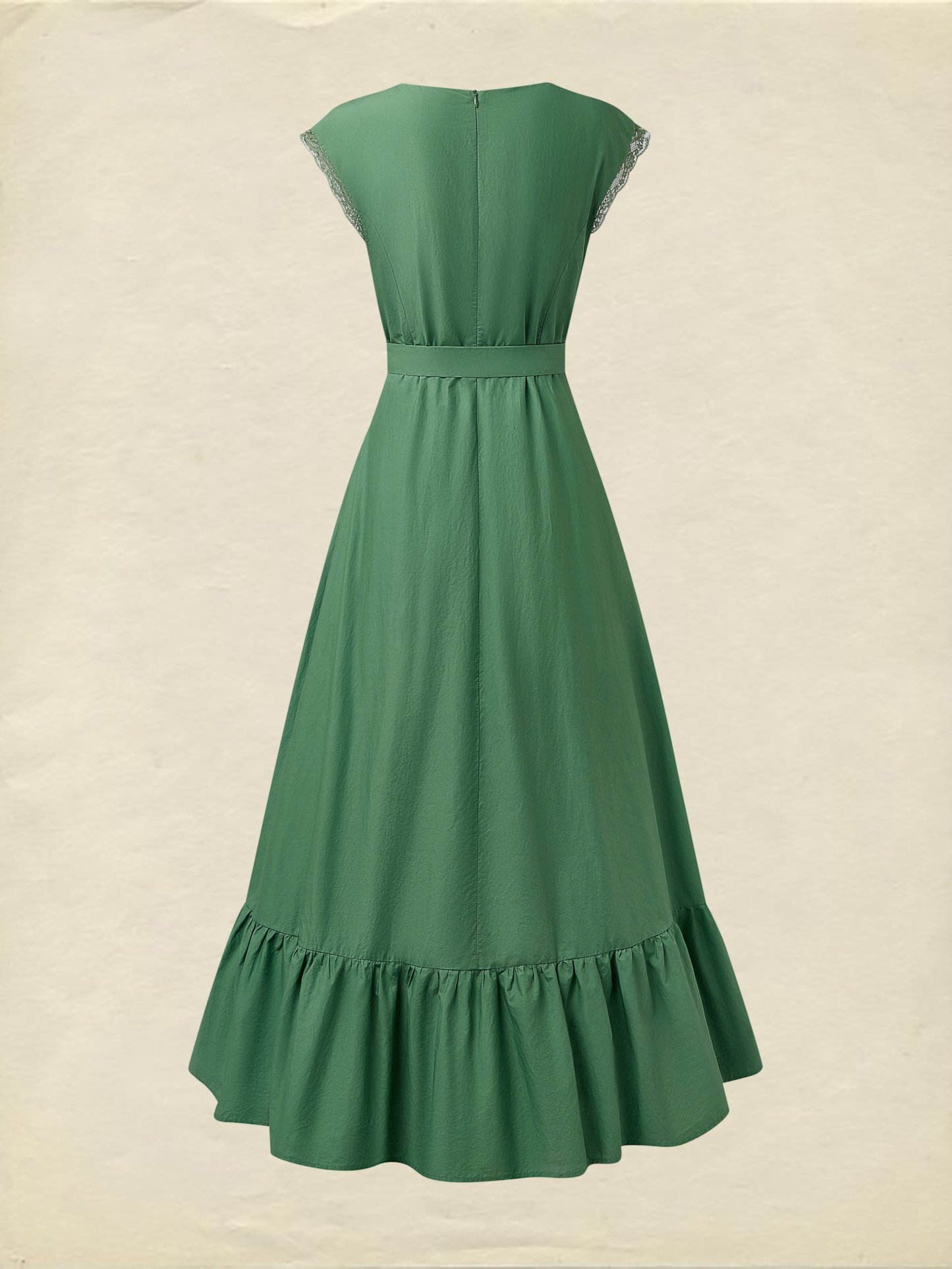 Pure Cotton Maxi Dress, Short Sleeve, Lace Collar, Plain, Vintage, Green