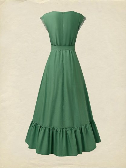 Pure Cotton Maxi Dress, Short Sleeve, Lace Collar, Plain, Vintage, Green