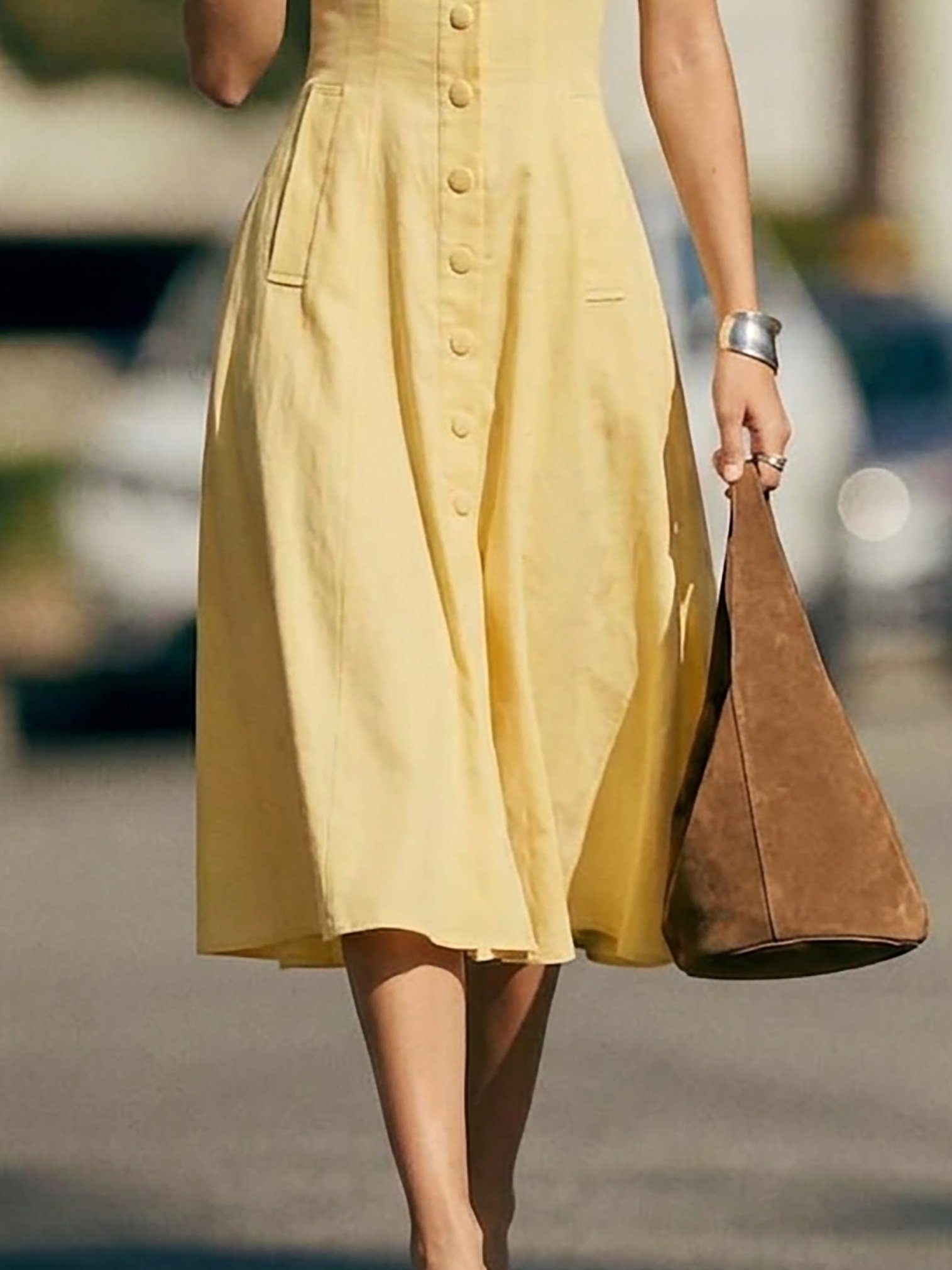 Midi Linen Dress, Sleeveless, Square Neck, Plain, Button Design, French Vintage, Yellow