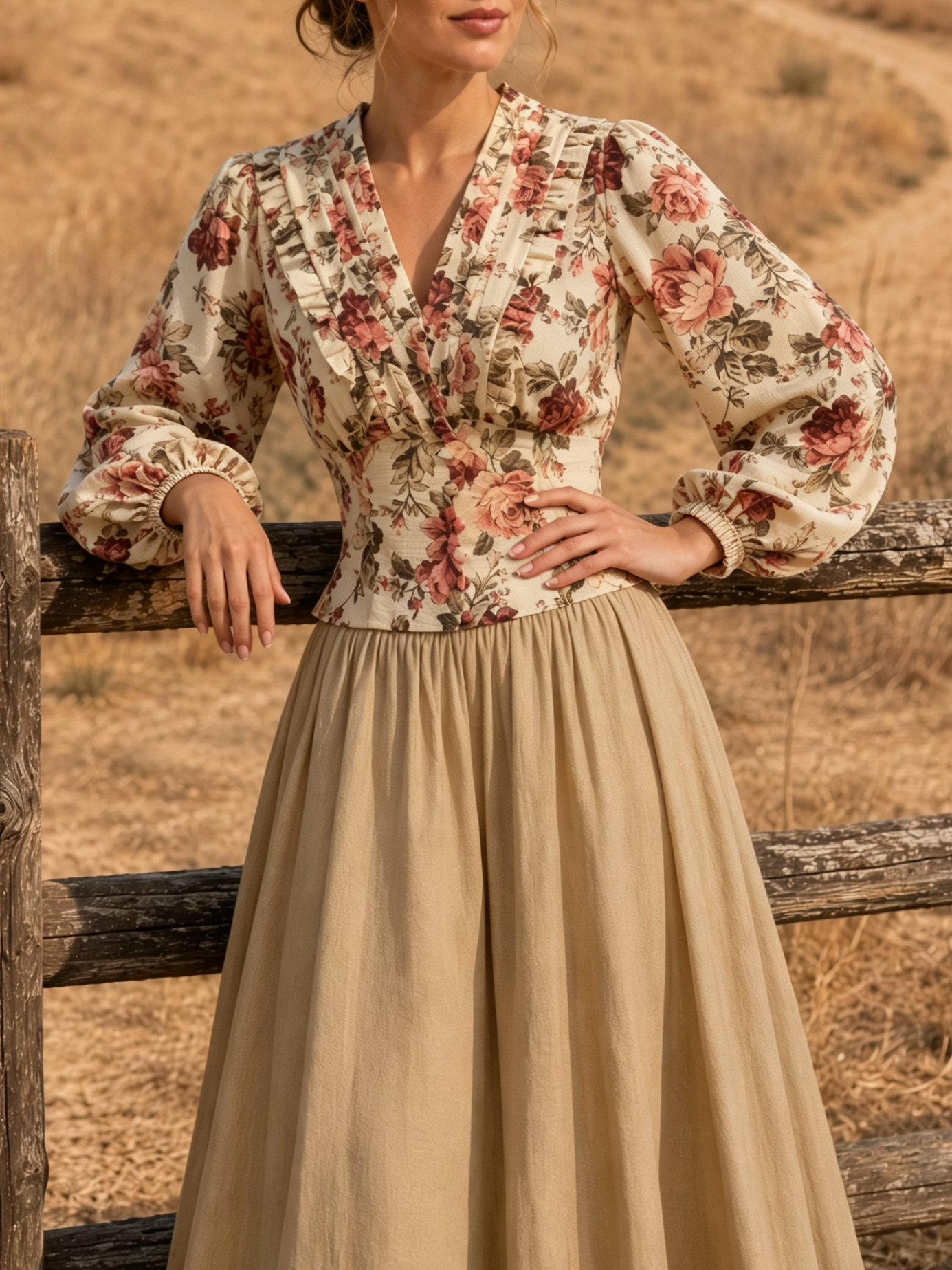 ADD Cotton Shirt, Long Sleeves, V Neck, Floral, Ruffles, Vintage, Apricot $ 68.00 USD
