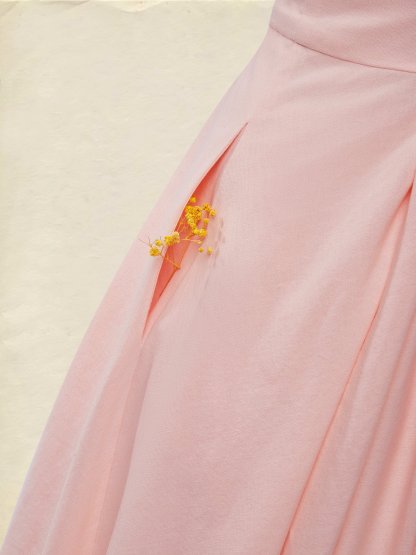 Linen Midi Dress, Three Quarter Sleeve, V neck, Plain, Vintage, Pink