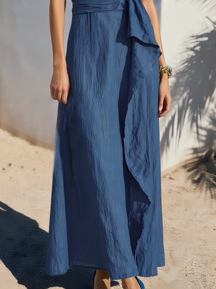 Maxi Linen Dress , Sleeveless, One Shoulder, Plain, Belt Design, French Vintage, Royal Blue