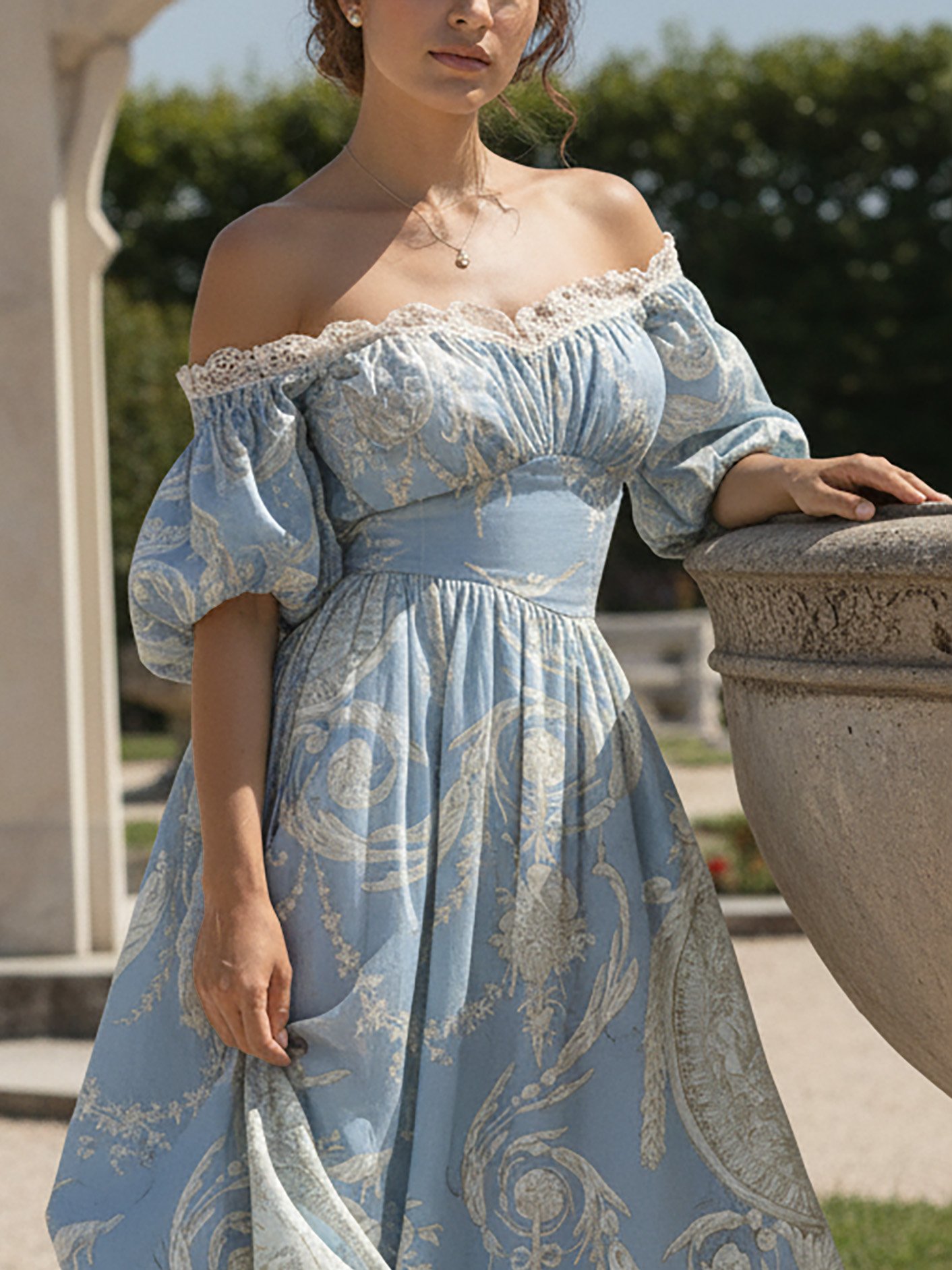 Maxi Linen Dress, Short Sleeves, Off The Shoulder, Floral, Lace, Vintage, Blue