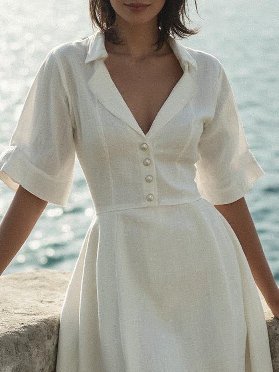 Linen Maxi Dress, Half Sleeve, Shawl Collar, Plain, Vintage