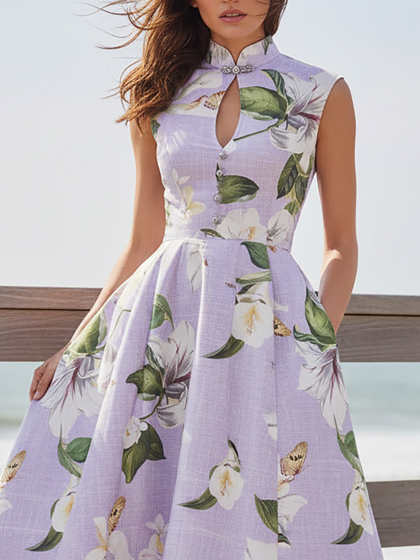 Midi Linen Dress, Sleeveless, Stand Collar, Floral, Button Design, Vintage, Purple