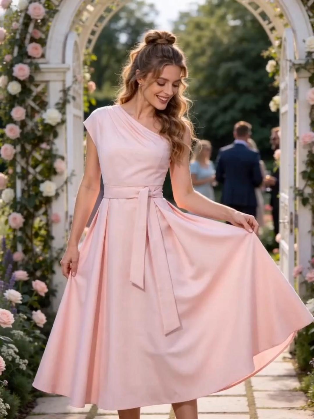 Maxi Cotton Dress , Sleeveless, One shoulder, Plain, Belt Design, Vintage, Light Pink