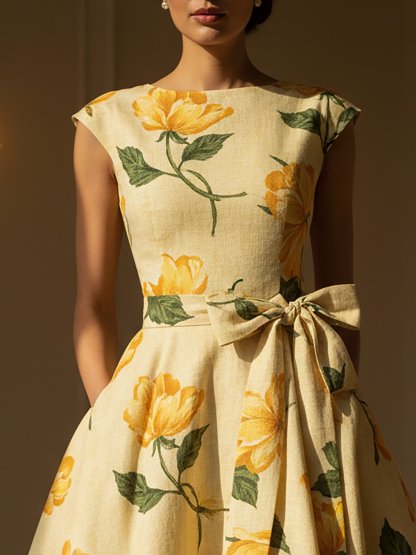 Midi Linen Dress, Cap Sleeves, Round Neck, Floral, Bow, Vintage, Yellow