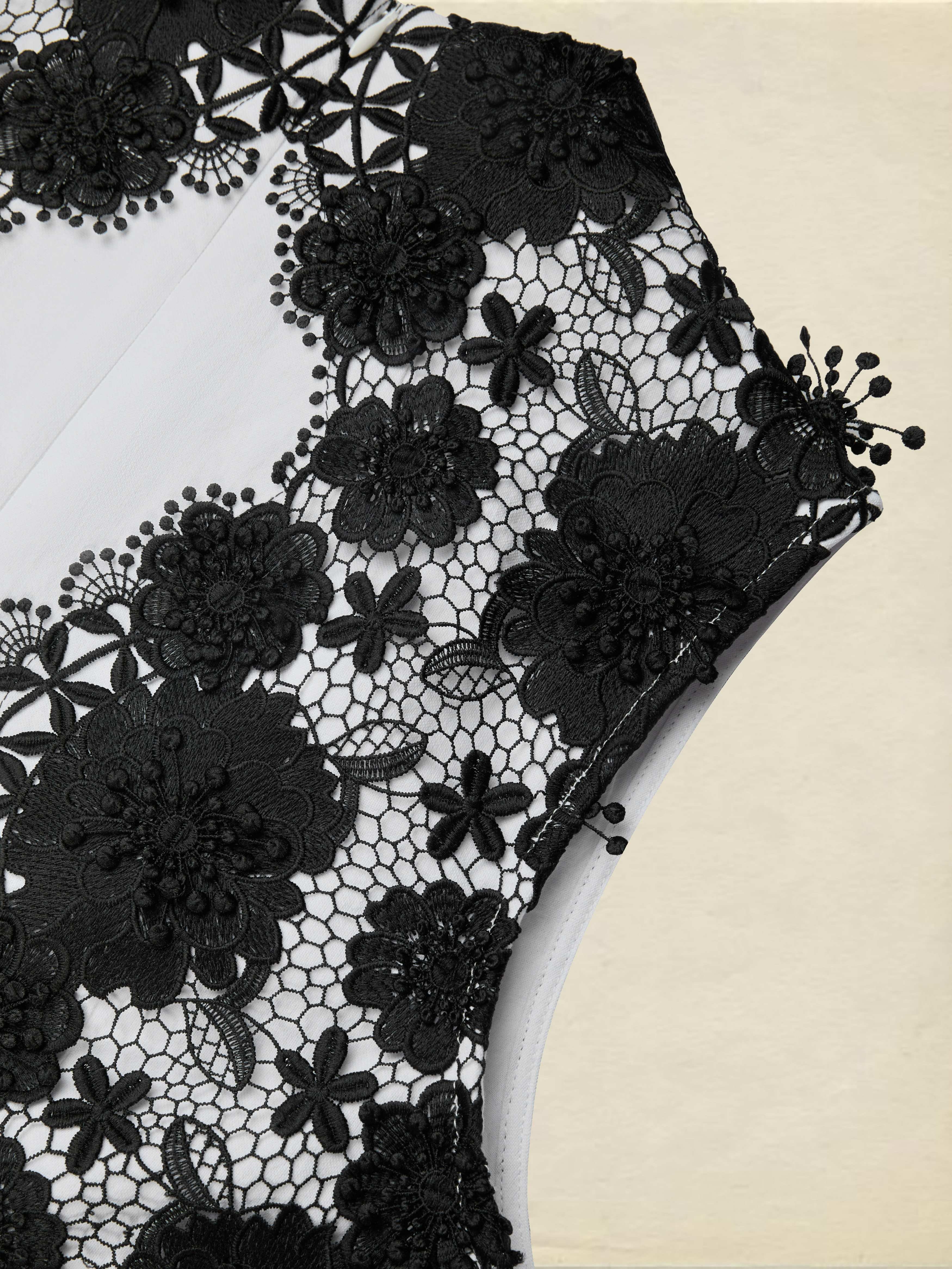 Midi Cotton Dress, Sleeveless, Stand Collar, Plain, Lace, French Vintage, White