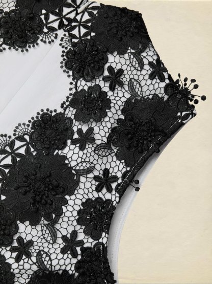 Midi Cotton Dress, Sleeveless, Stand Collar, Plain, Lace, French Vintage, White