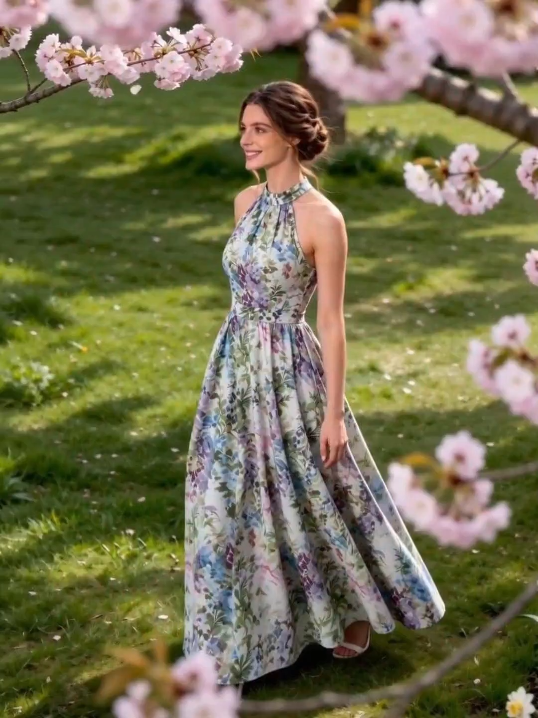 Maxi Cotton Dress, Sleeveless, Halter, Floral, Vacation, Vintage, White