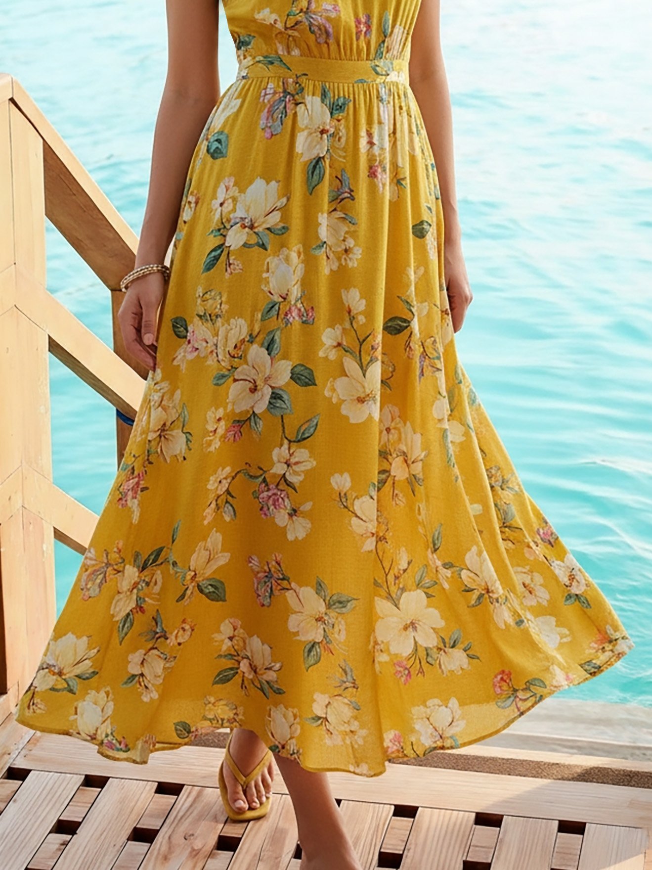 Maxi Linen Dress, Sleeveless, V Neck, Floral, Vacation, Vintage, Yellow