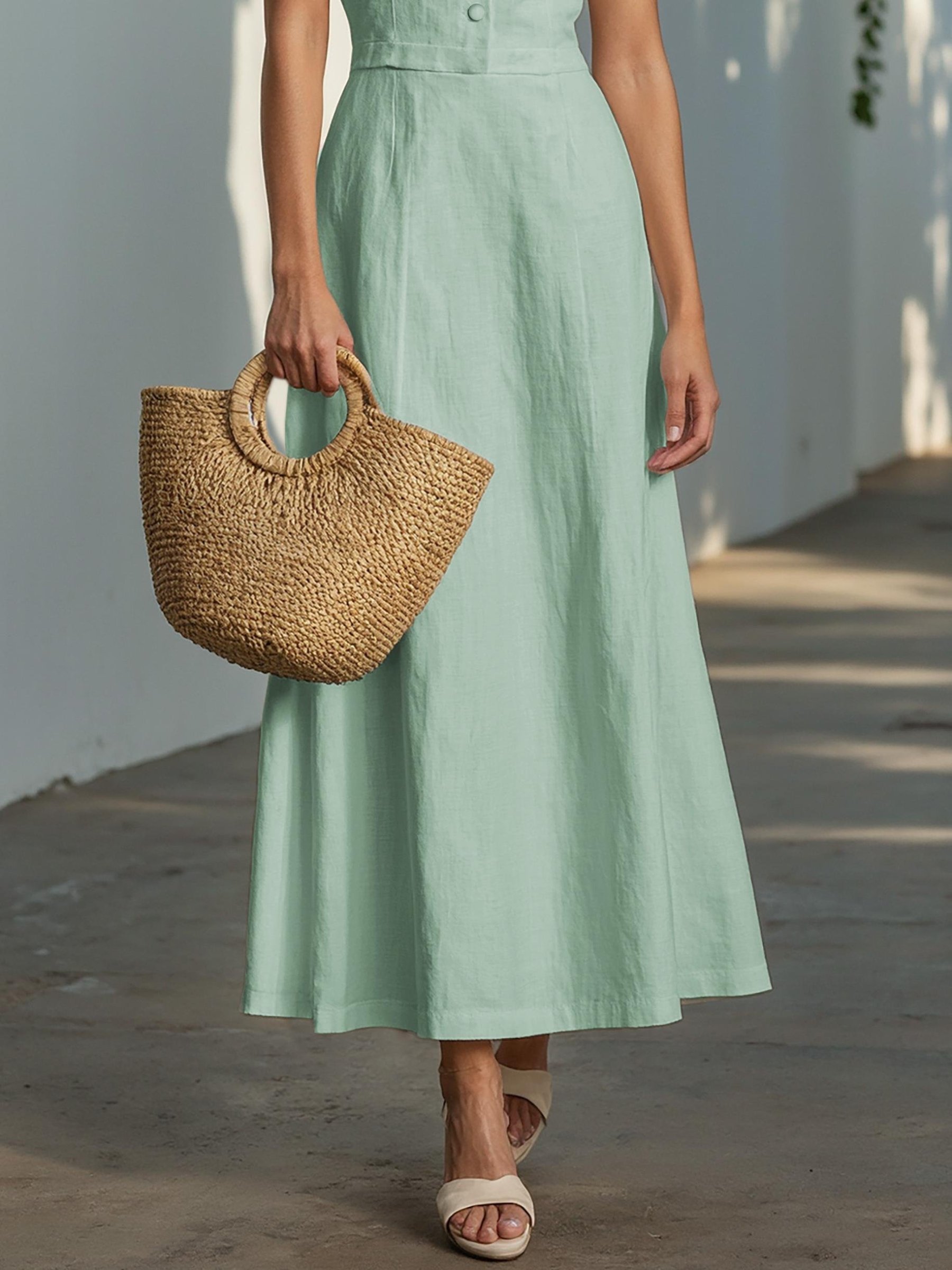 Maxi Linen Dress , Cap Sleeves, Shawl Collar, Plain, Button Design, Vintage, Pink