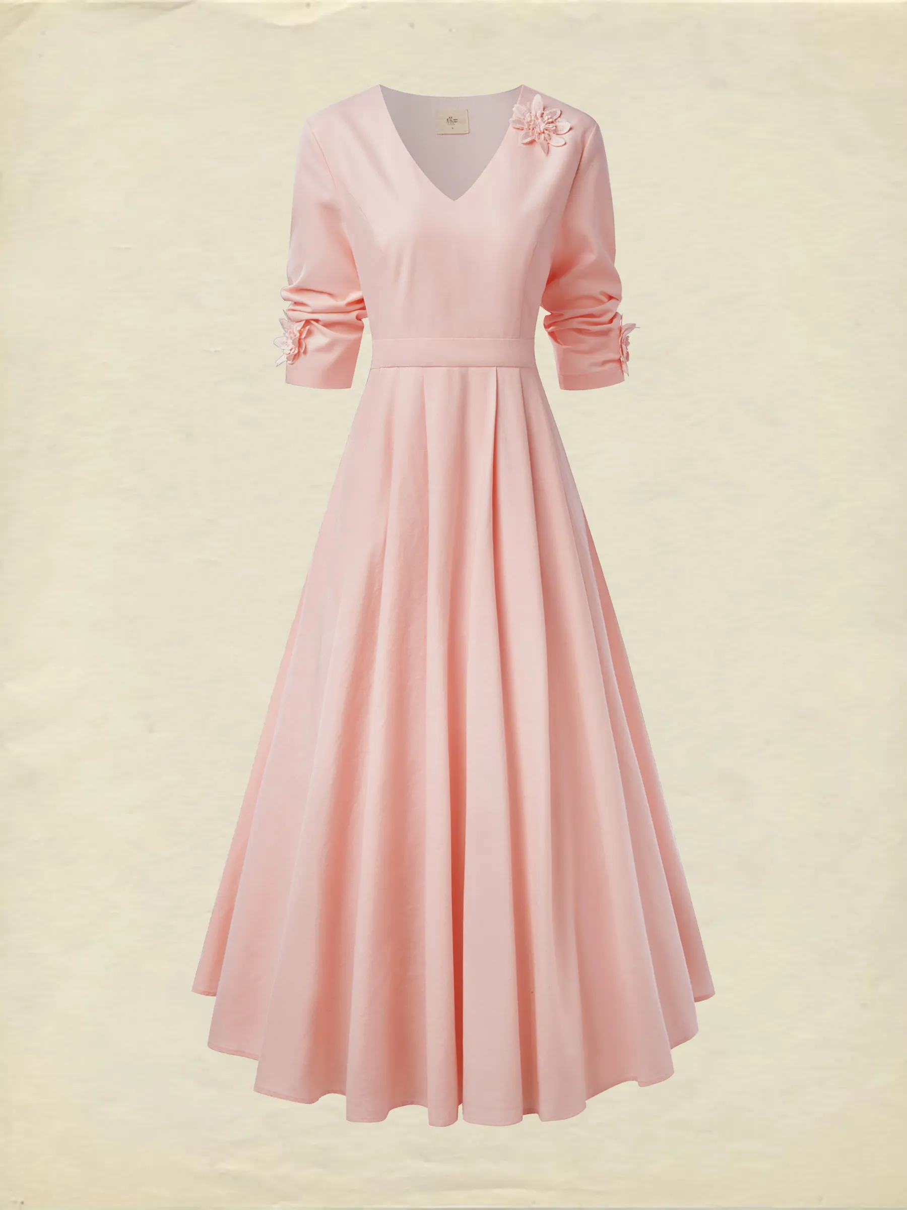 Linen Midi Dress, Three Quarter Sleeve, V neck, Plain, Vintage, Pink