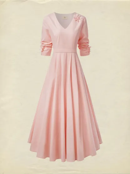 Linen Midi Dress, Three Quarter Sleeve, V neck, Plain, Vintage, Pink