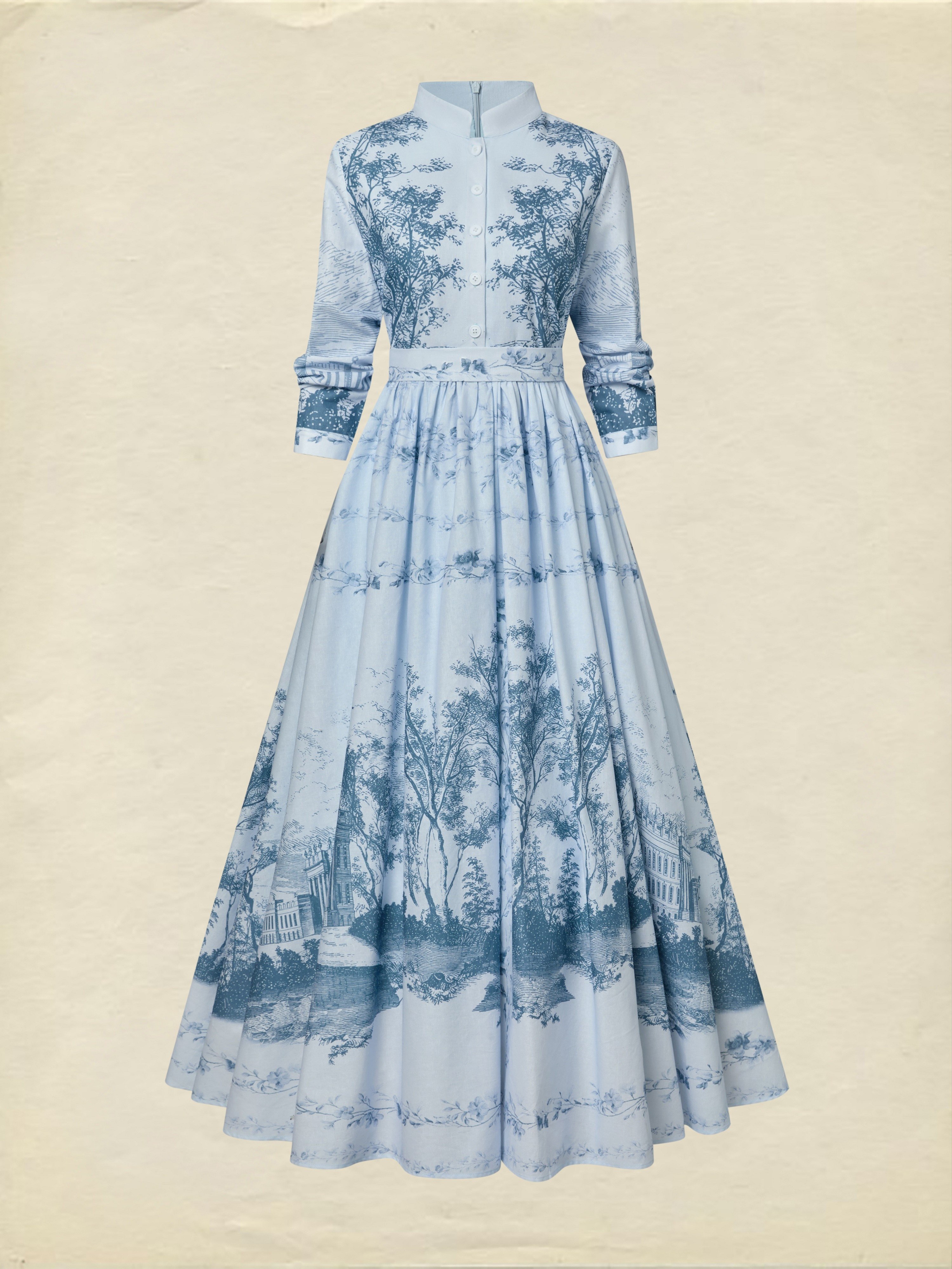 Maxi Cotton Dress, Long Sleeves, Stand Collar, Floral, Pocket Design, Vintage, Blue