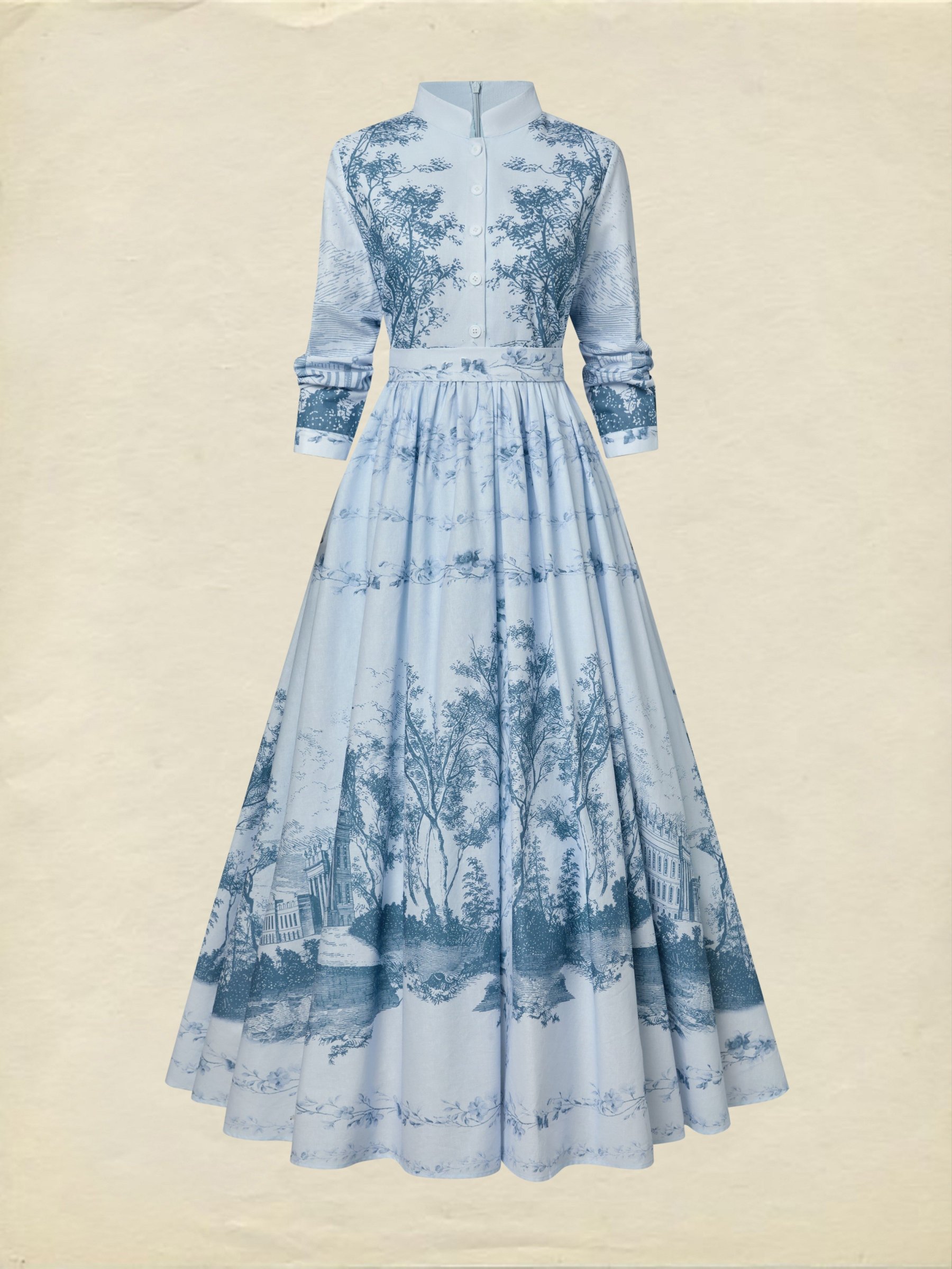 Maxi Cotton Dress, Long Sleeves, Stand Collar, Floral, Pocket Design, Vintage, Blue