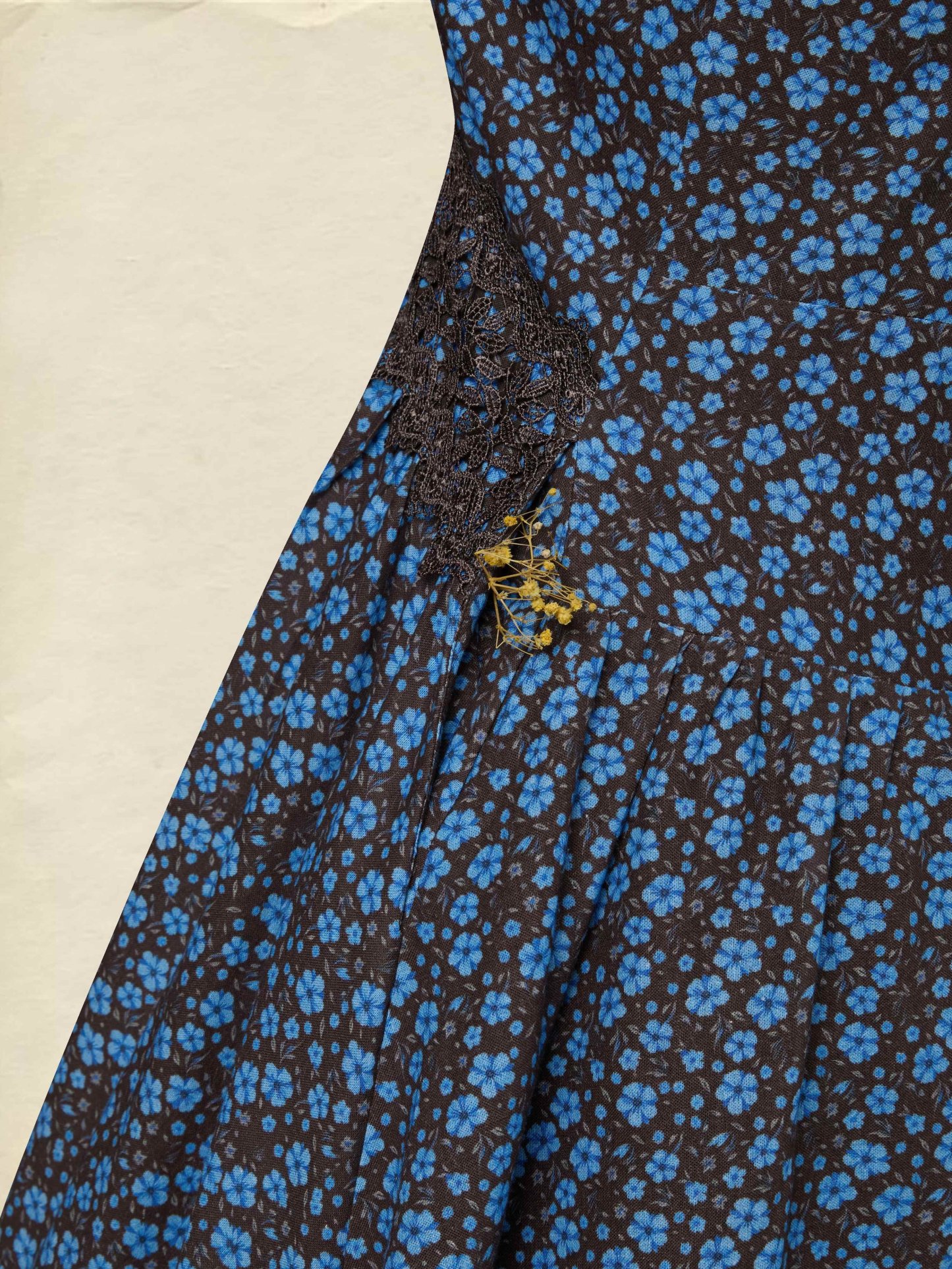 Maxi Cotton Dress, Sleeveless, V Neck, Floral, Lace, Vintage, Blue