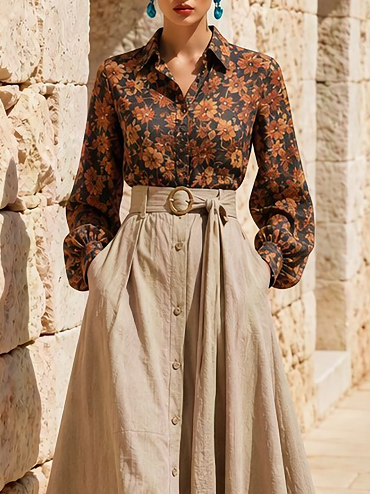 ADD Linen Shirt, Half Sleeve, Shawl Collar, Floral, Vintage, Coffee $ 58.00 USD