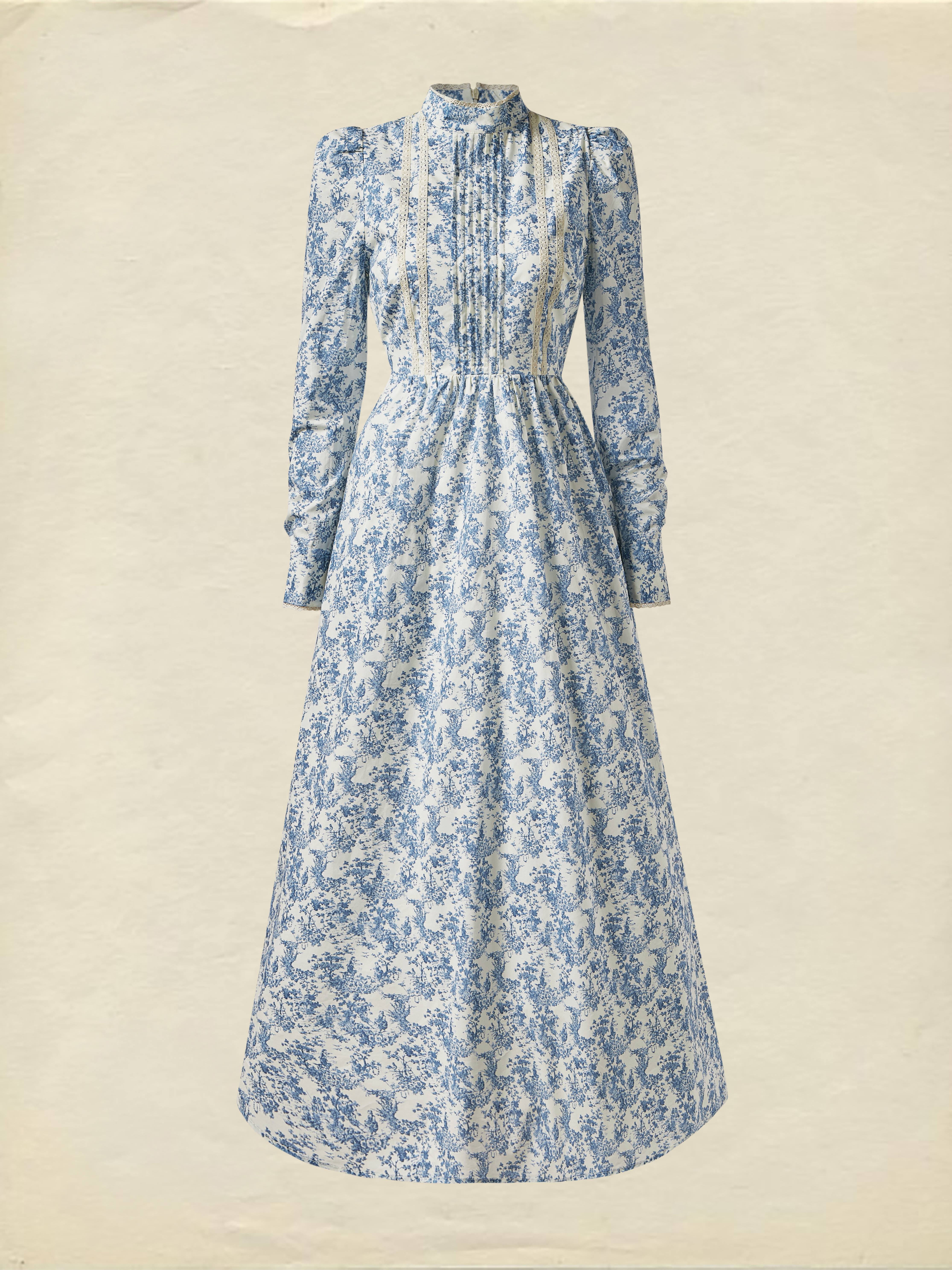 Maxi dress, Pure cotton, pattern, Regular Fit, Long Sleeve, Blue