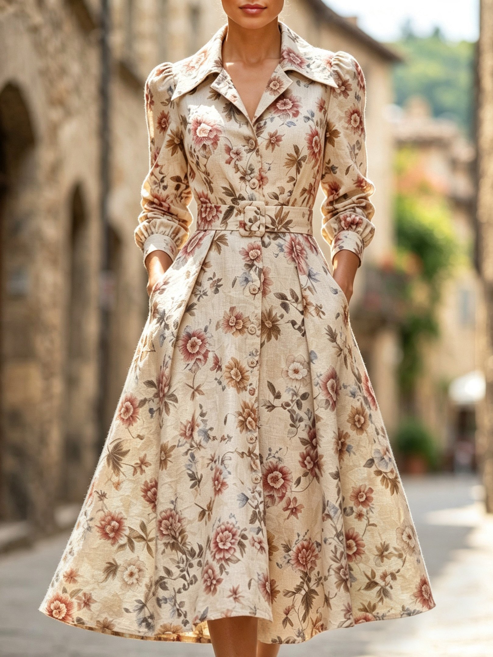 Midi Linen Dress, Long Sleeves, Shawl Collar, Floral, Button Design, Vintage, Apricot