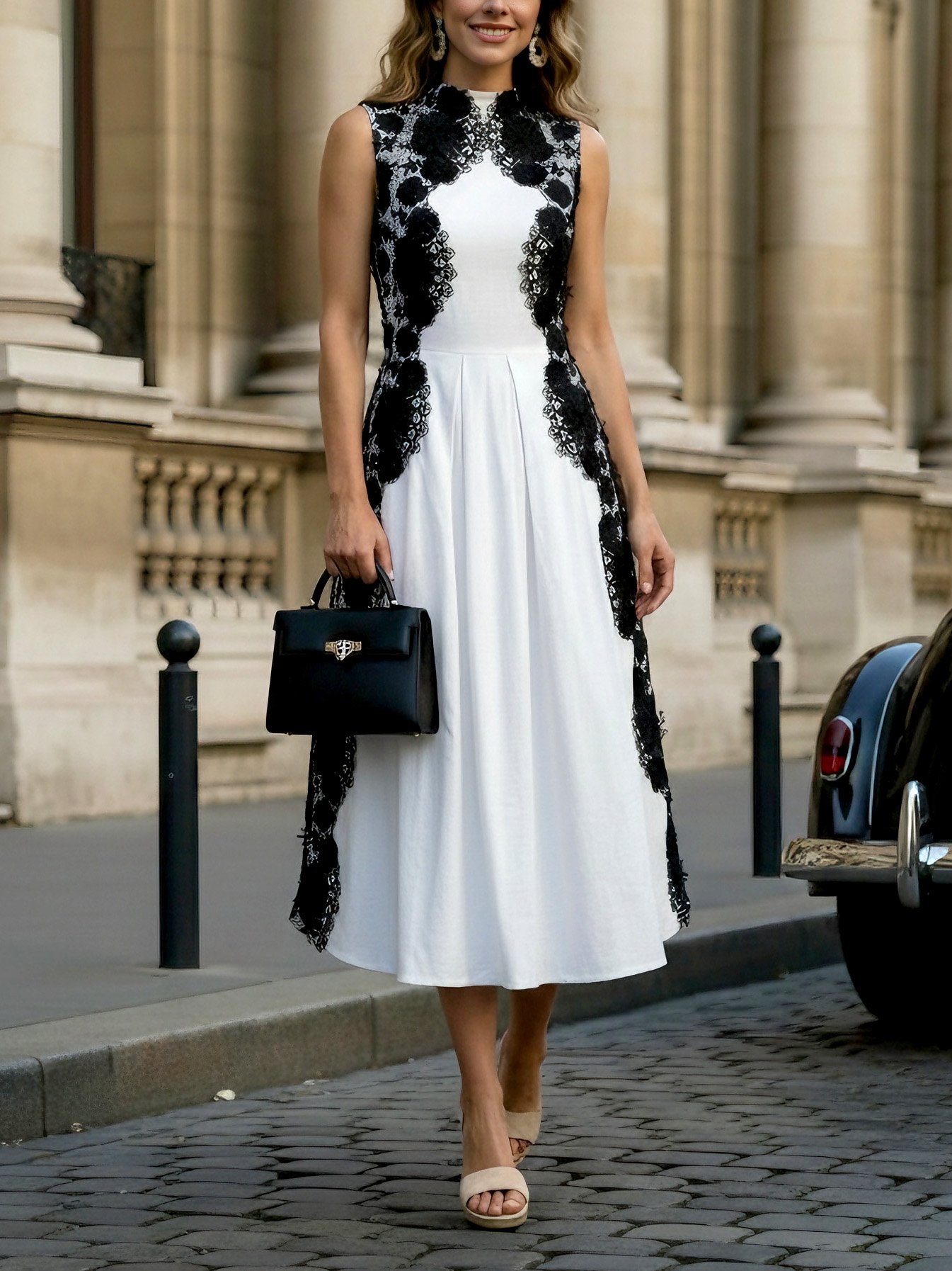 Vintage Stand Collar Cotton Dress With No