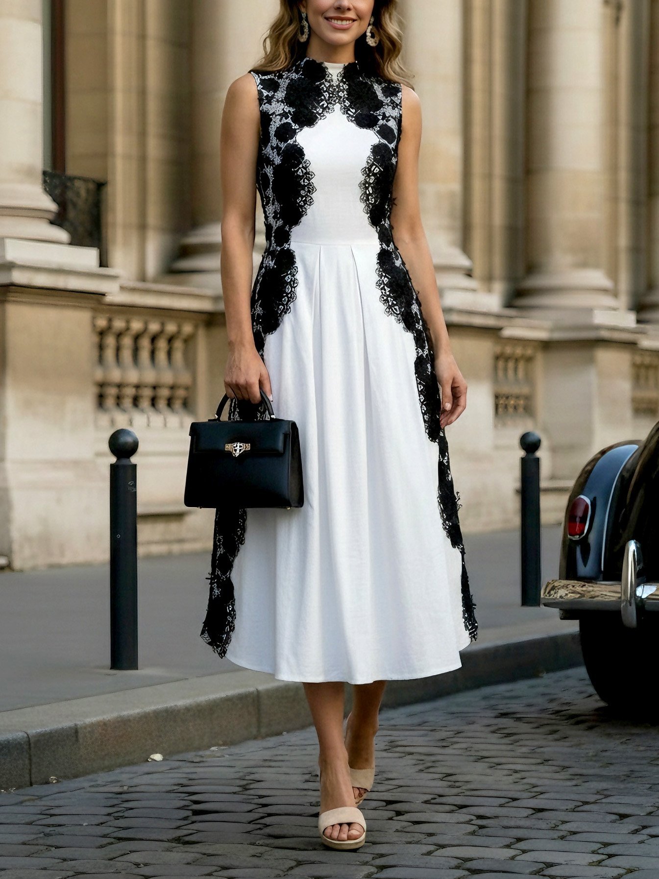 Vintage Stand Collar Cotton Dress With No