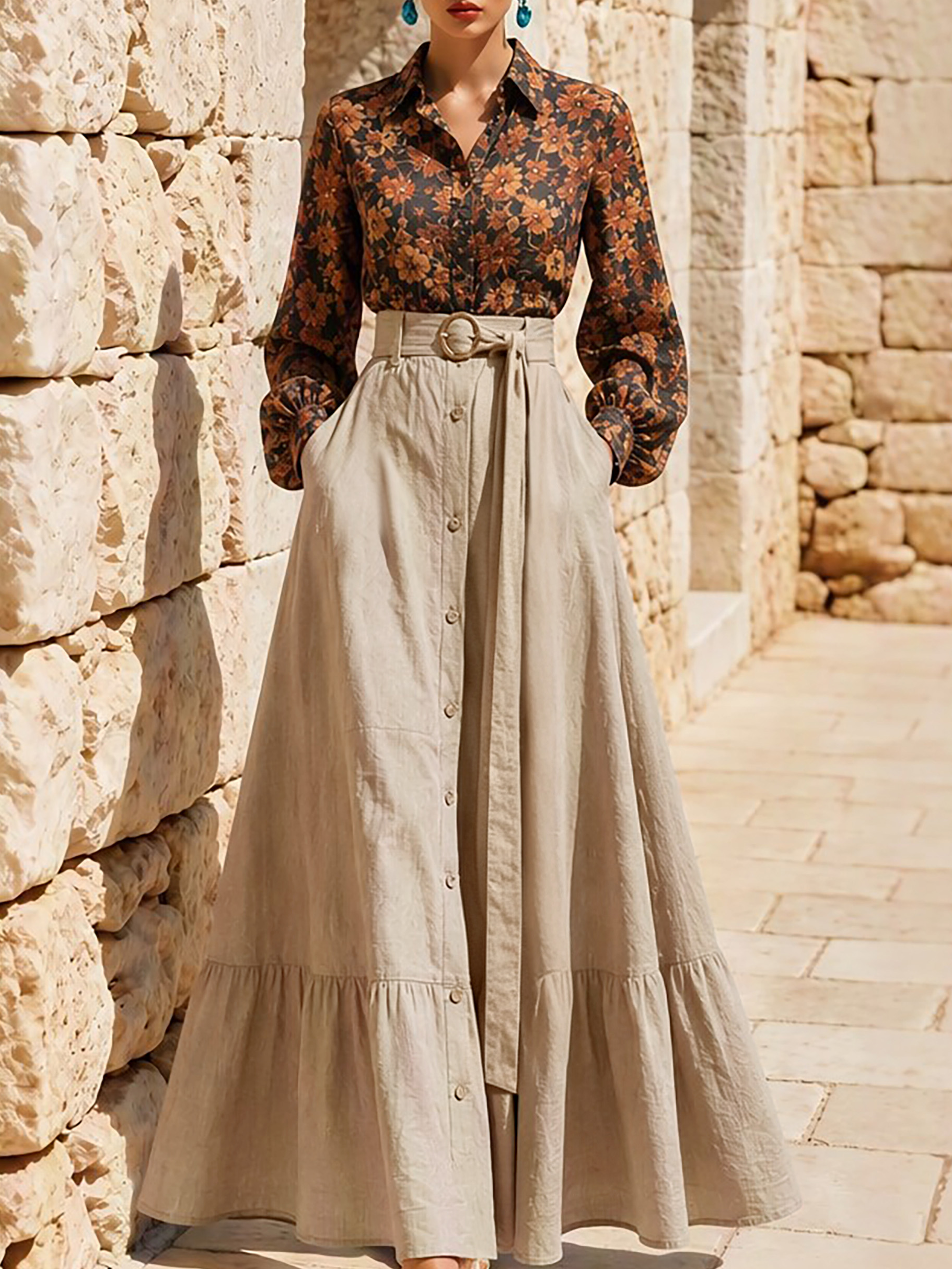 ADD Maxi Cotton Skirt, Ruffles, Vintage, Khaki $ 78.00 USD