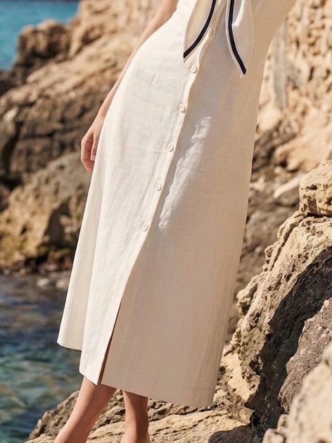 Midi Linen Dress, Sleeveless, Wing Collar, Plain, Button Design, French Vintage, White