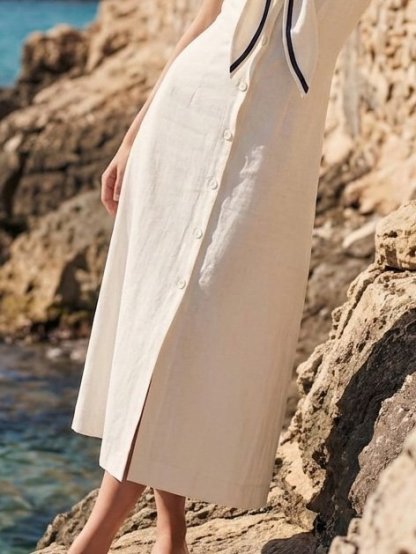 Midi Linen Dress, Sleeveless, Wing Collar, Plain, Button Design, French Vintage, White