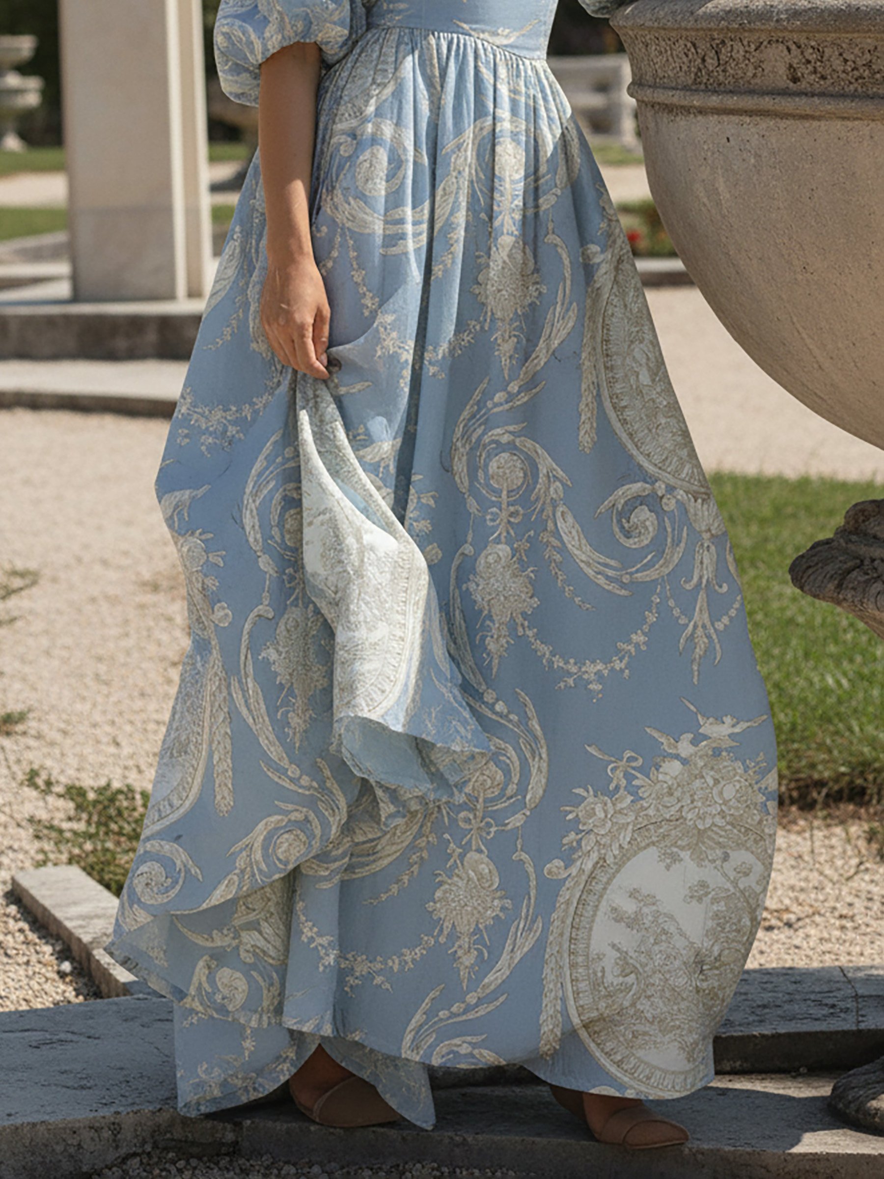 Maxi Linen Dress, Short Sleeves, Off The Shoulder, Floral, Lace, Vintage, Blue