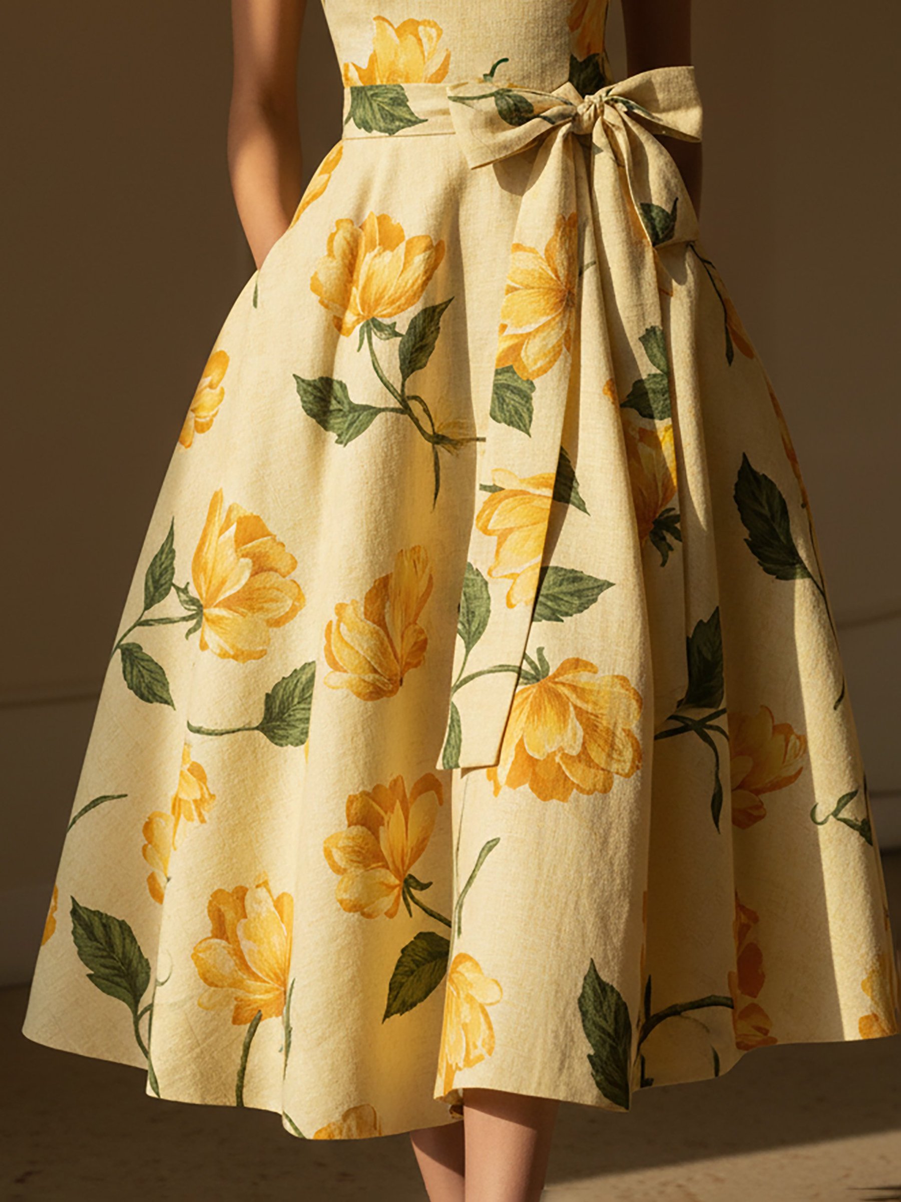 Midi Linen Dress, Cap Sleeves, Round Neck, Floral, Bow, Vintage, Yellow