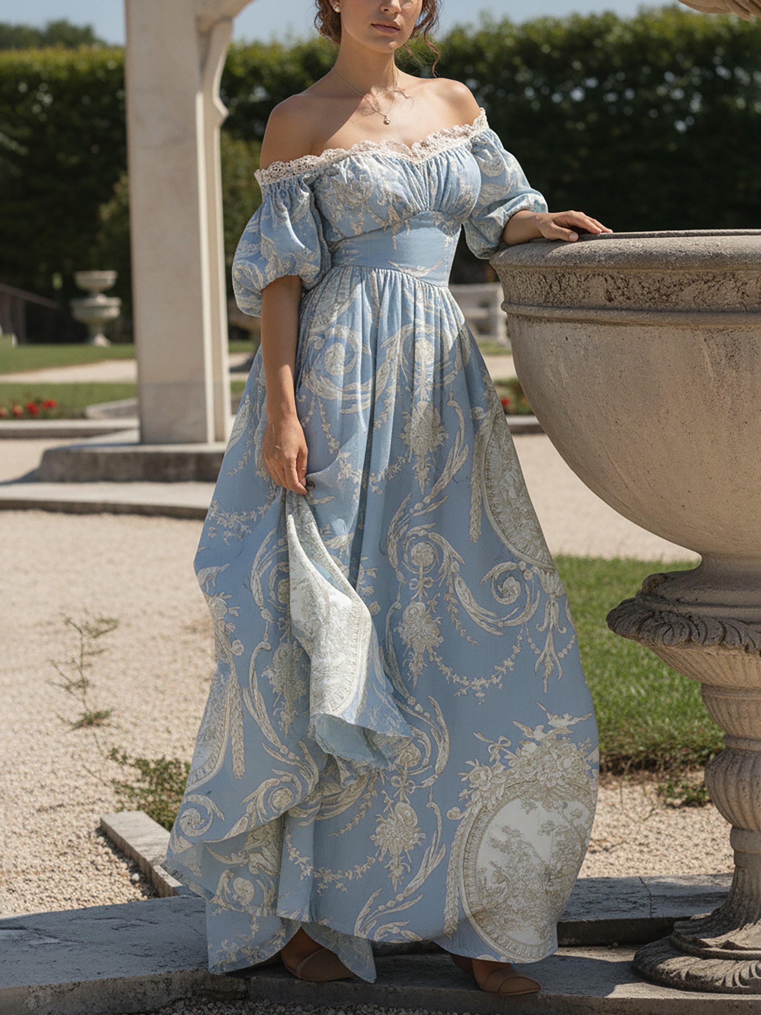 Maxi Linen Dress, Short Sleeves, Off The Shoulder, Floral, Lace, Vintage, Blue