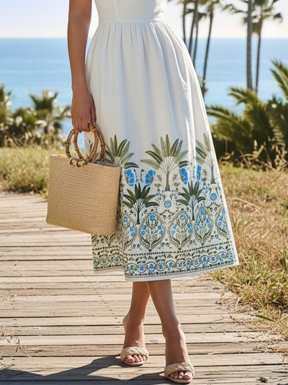 Midi Linen Dress, Sleeveless, Round Neck, Floral, Vacation, Vintage, White