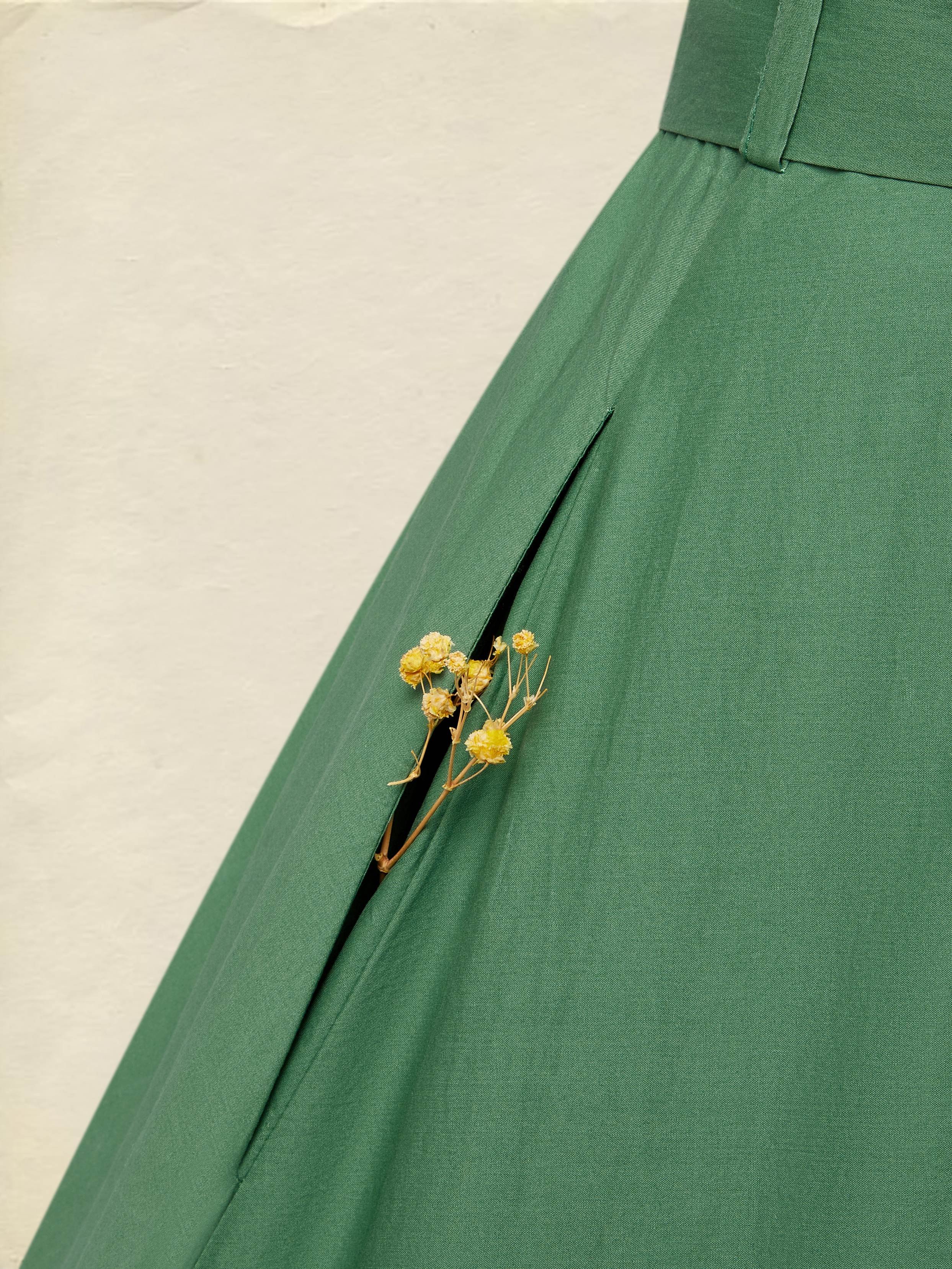 Pure Cotton Maxi Dress, Short Sleeve, Lace Collar, Plain, Vintage, Green