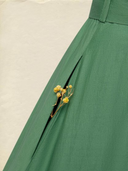 Pure Cotton Maxi Dress, Short Sleeve, Lace Collar, Plain, Vintage, Green
