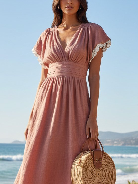 Midi Linen Dress, Short Sleeves, V Neck, Plain, Lace, Vacation, Vintage, Deep Pink