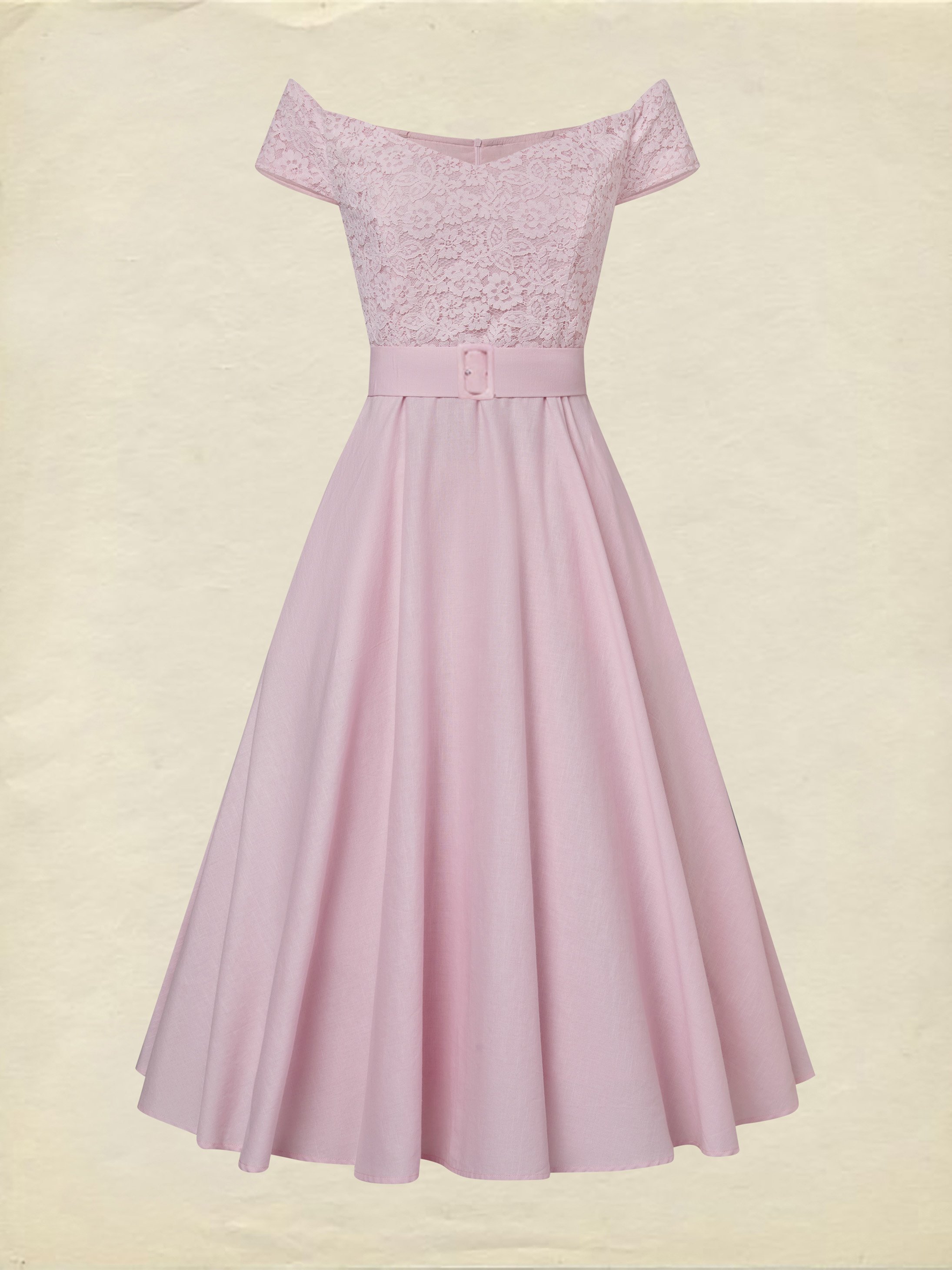 Midi Cotton Dress, Sleeveless, Plain, Lace, French Vintage, Pink