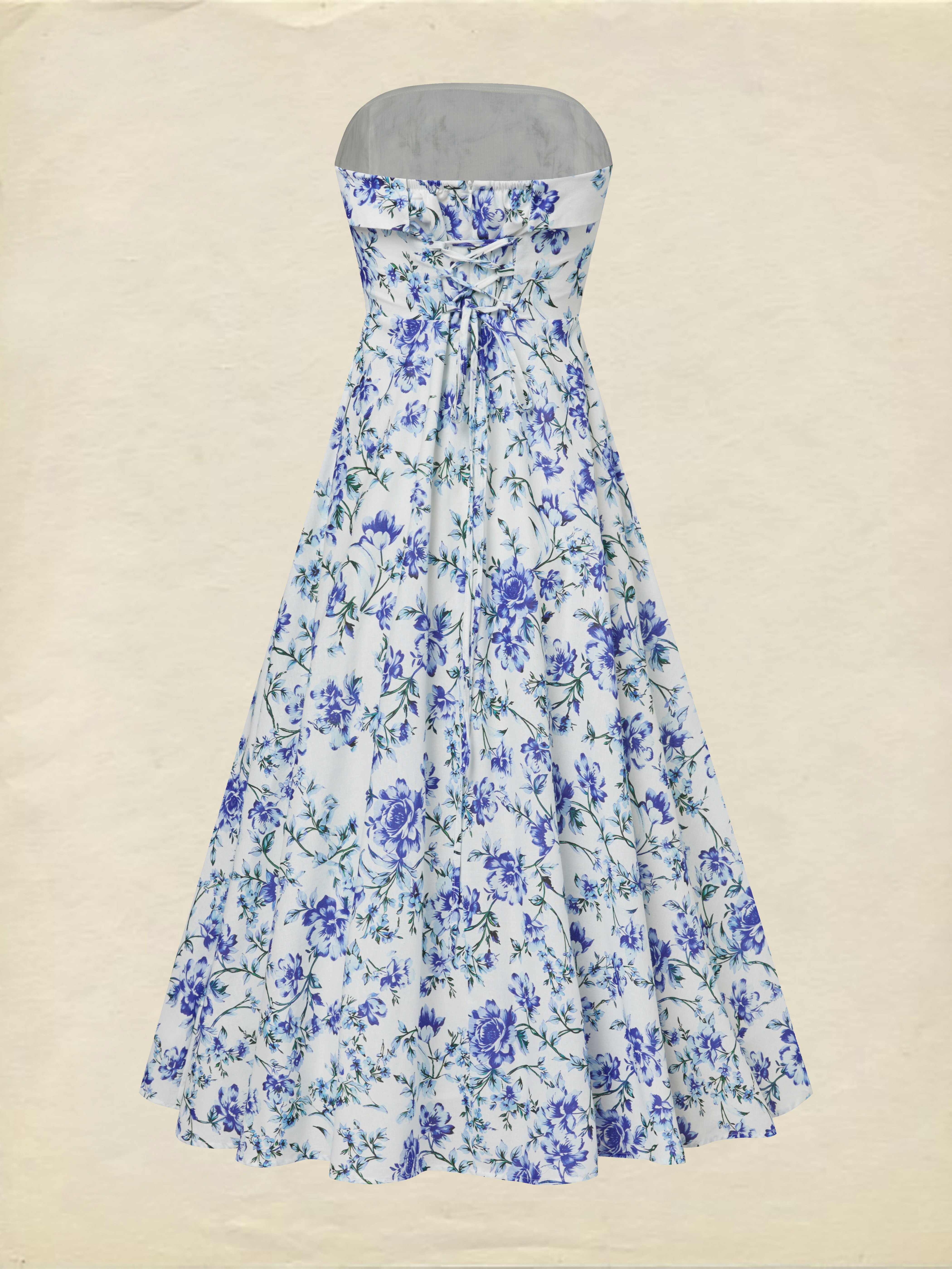 Maxi Cotton Dress, Sleeveless, Floral, Vacation, Vintage, Blue