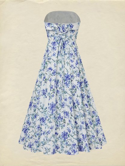 Maxi Cotton Dress, Sleeveless, Floral, Vacation, Vintage, Blue