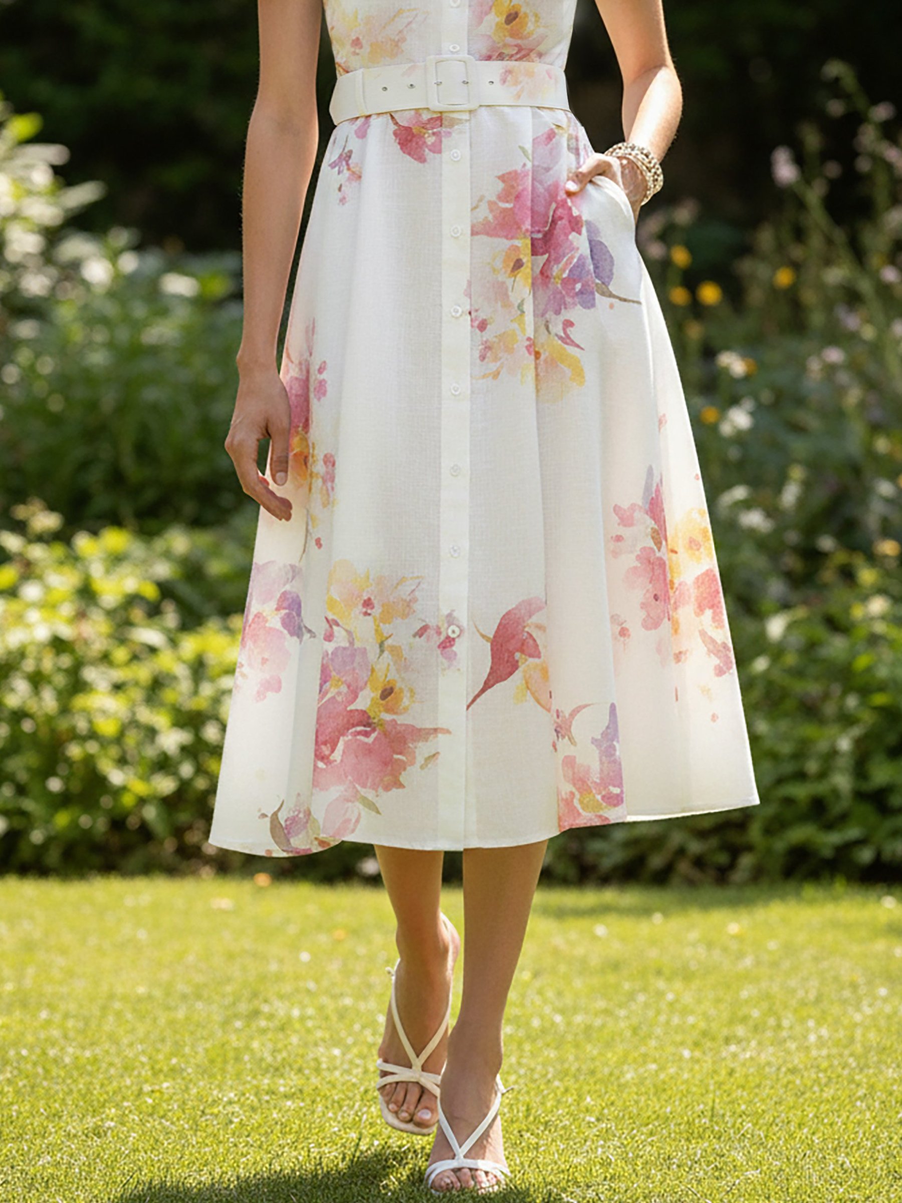 Midi Linen Dress, Short Sleeves, Shawl Collar, Floral, Belt Design, Vintage, White