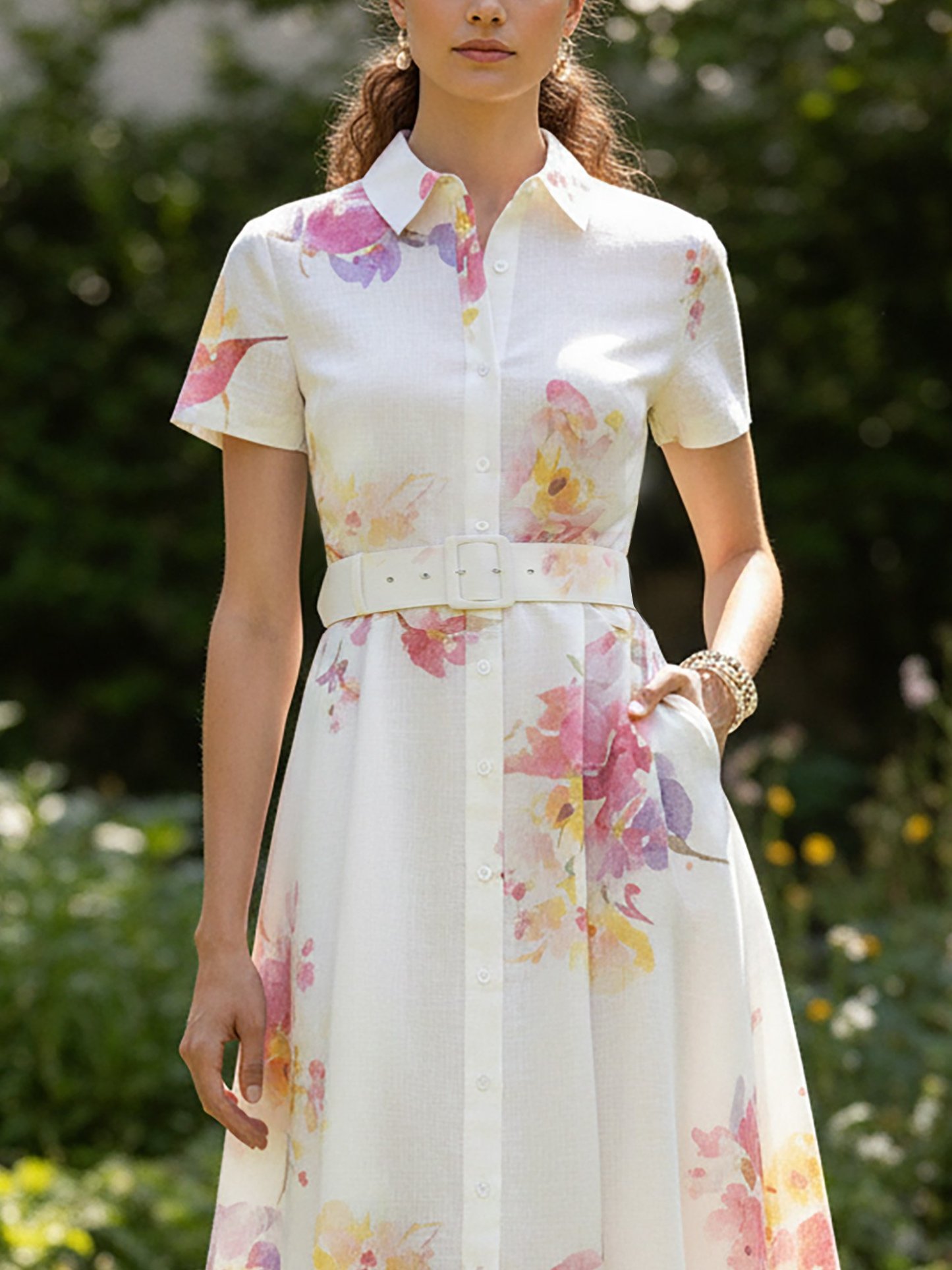 Midi Linen Dress, Short Sleeves, Shawl Collar, Floral, Belt Design, Vintage, White