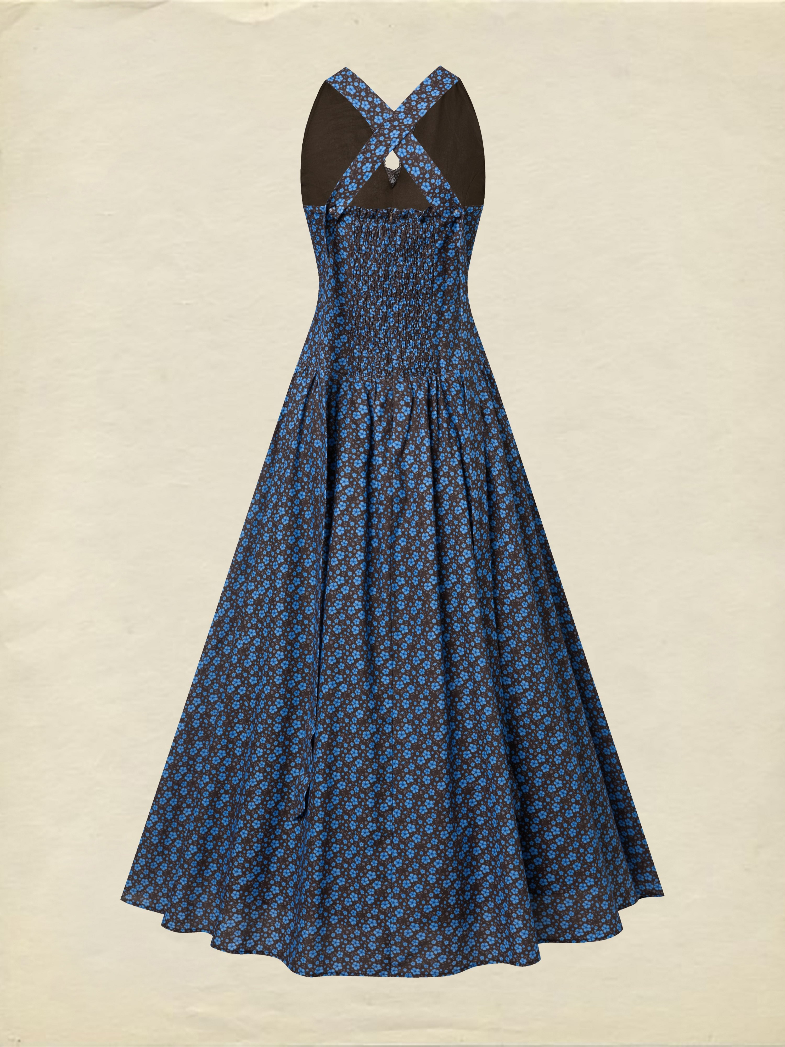 Maxi Cotton Dress, Sleeveless, V Neck, Floral, Lace, Vintage, Blue