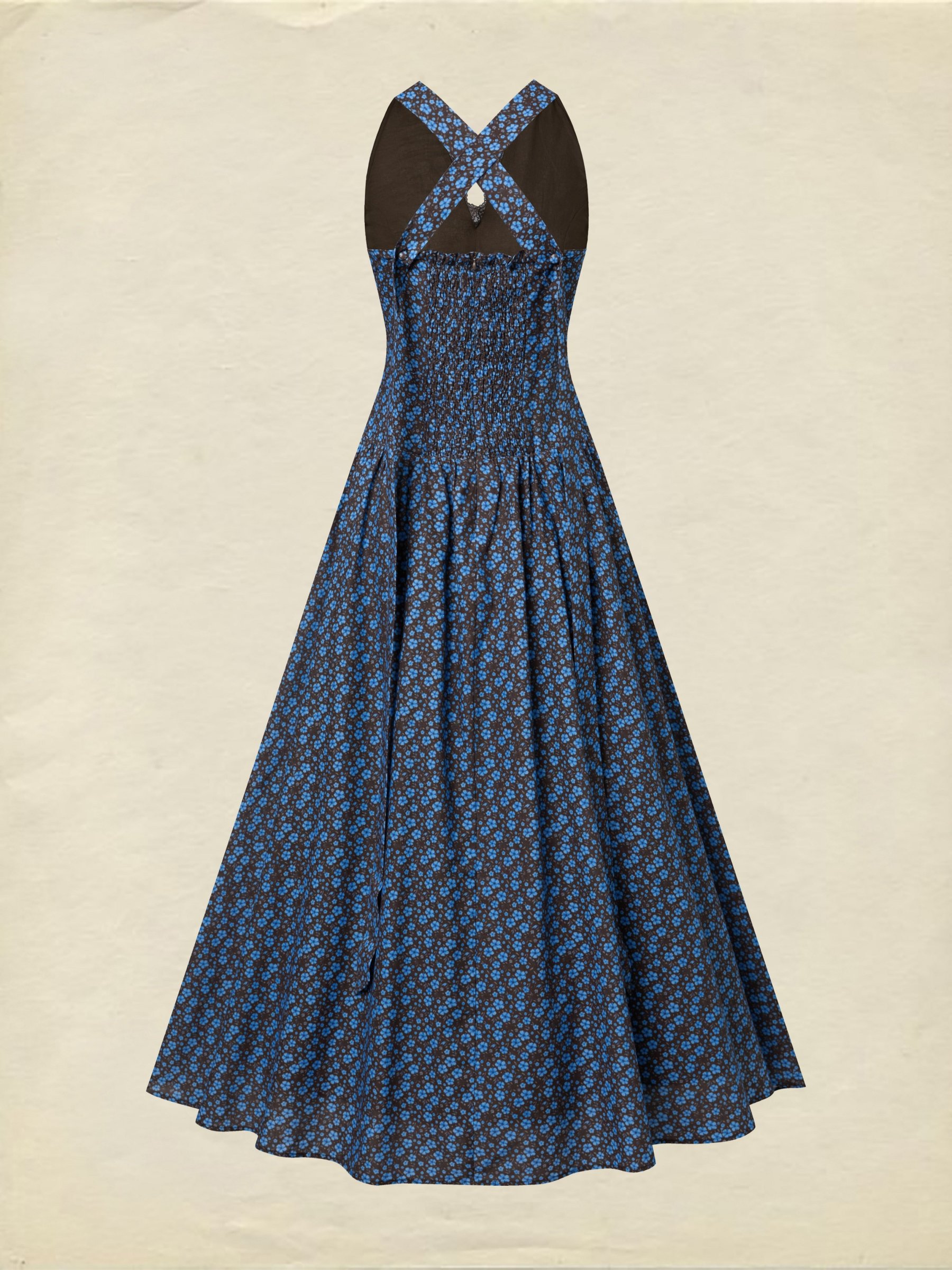 Maxi Cotton Dress, Sleeveless, V Neck, Floral, Lace, Vintage, Blue